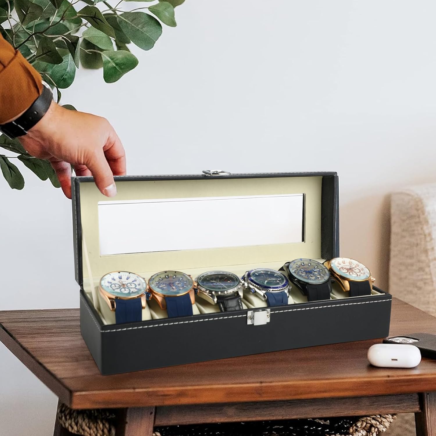 Uhrenbox 6 Faecher mit Glasdeckel und abnehmbaren Kissen Uhrenkasten