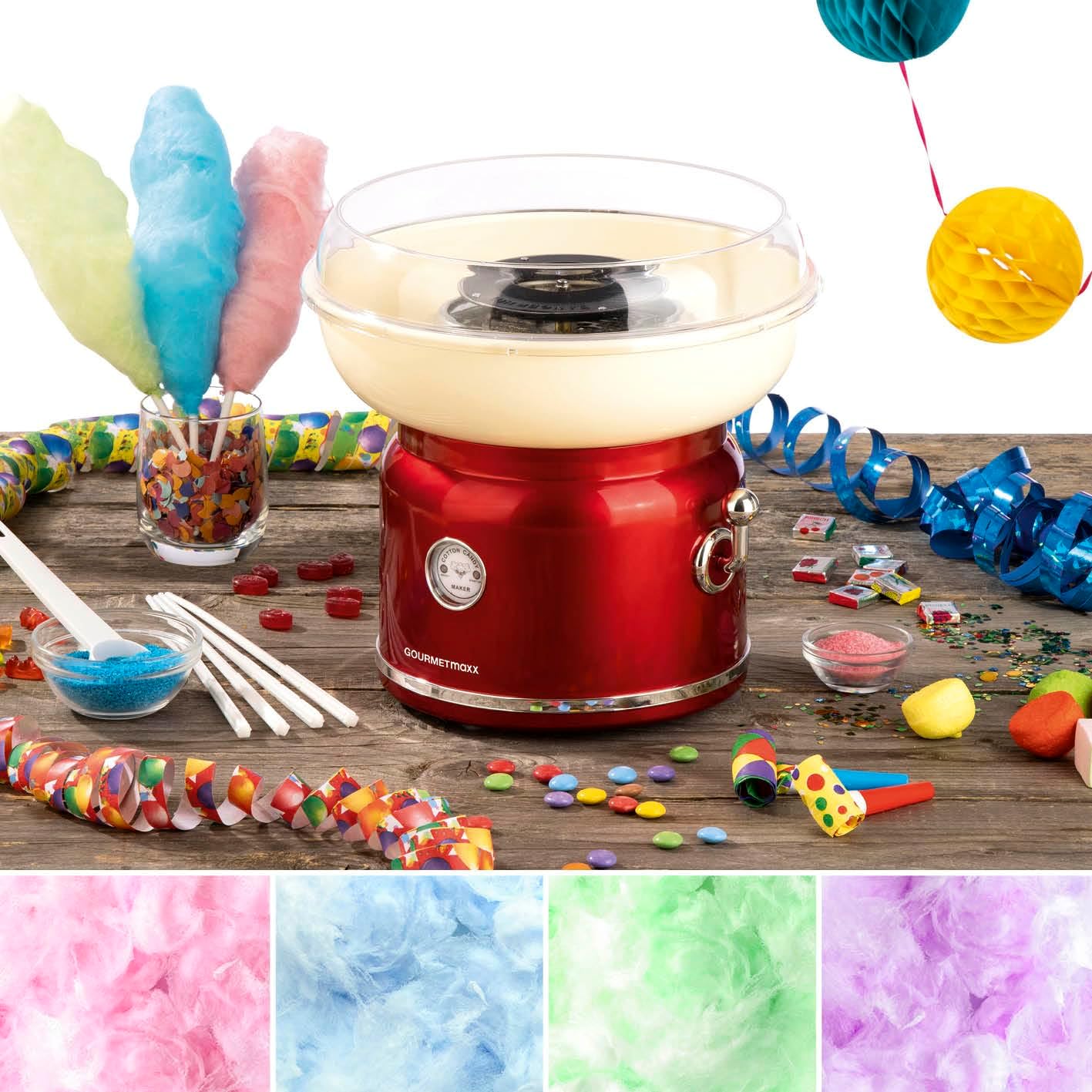 GOURMETmaxx Zuckerwattemaschine Retro mit Staebchen und Messloeffel Rot Weiss