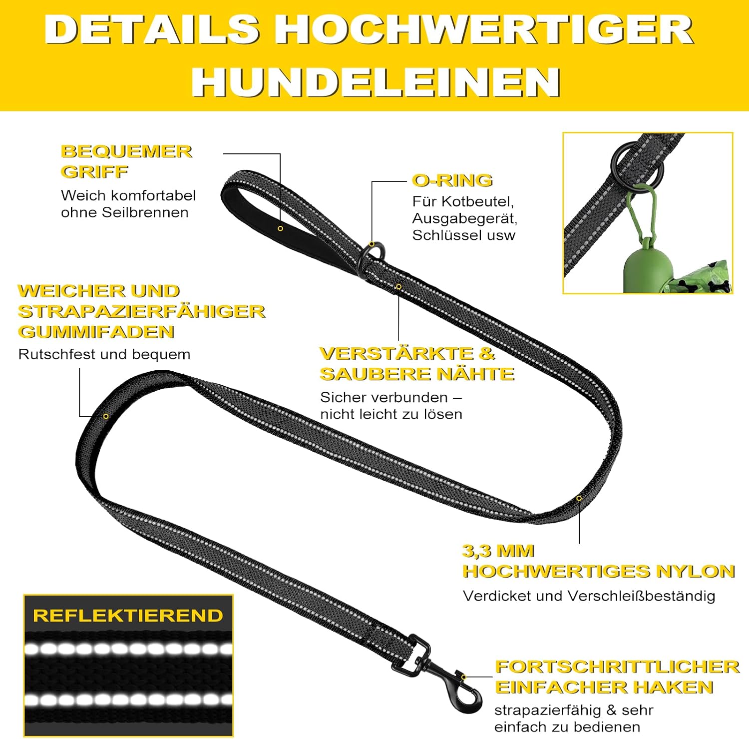 XXBEN Reflektierende Hundeleine gummiert Nylon mit Griff 15mm-20mm 1–3 m