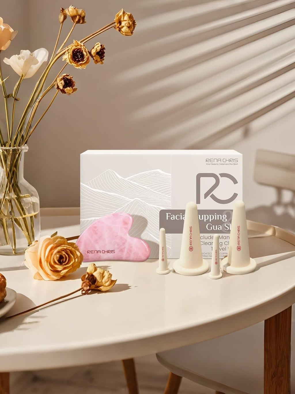 Rena Chris Gesichts-Schroepfset Gua Sha Rosenquarz Silikon Gesichtspflege Rosa