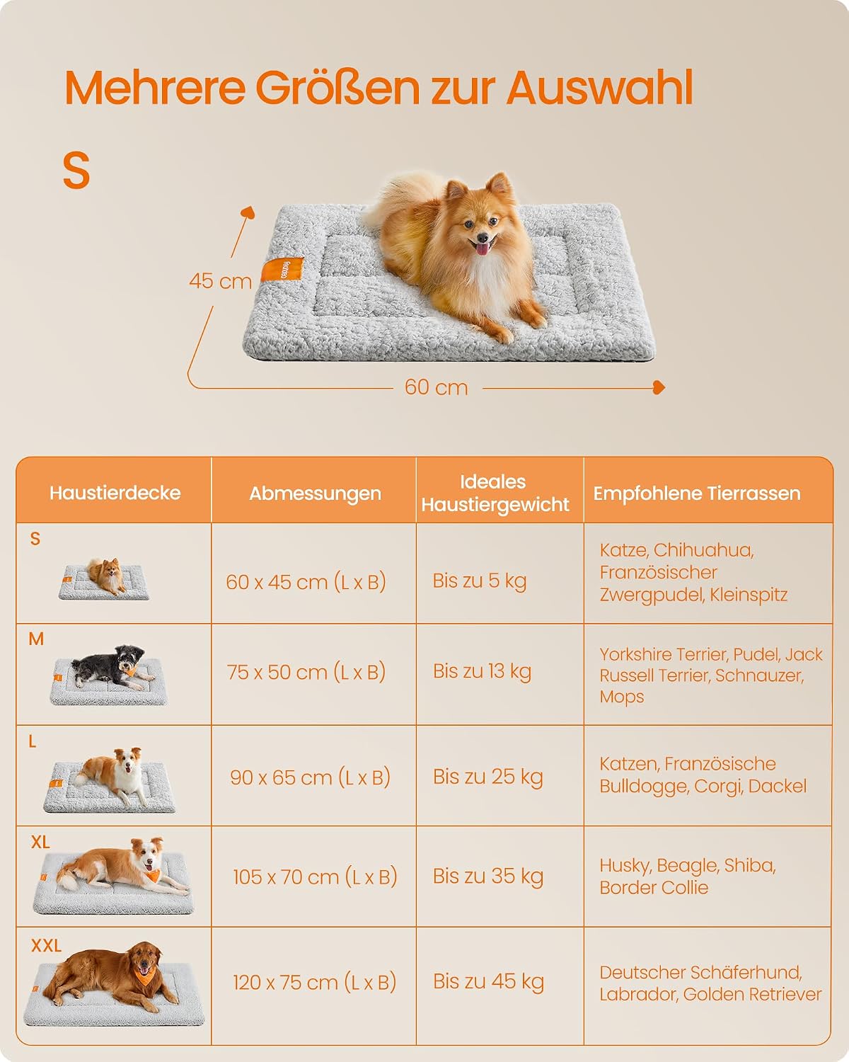Feandrea Hundedecke 60x45 cm S rutschfest maschinenwaschbar hellgrau 45cm-75cm