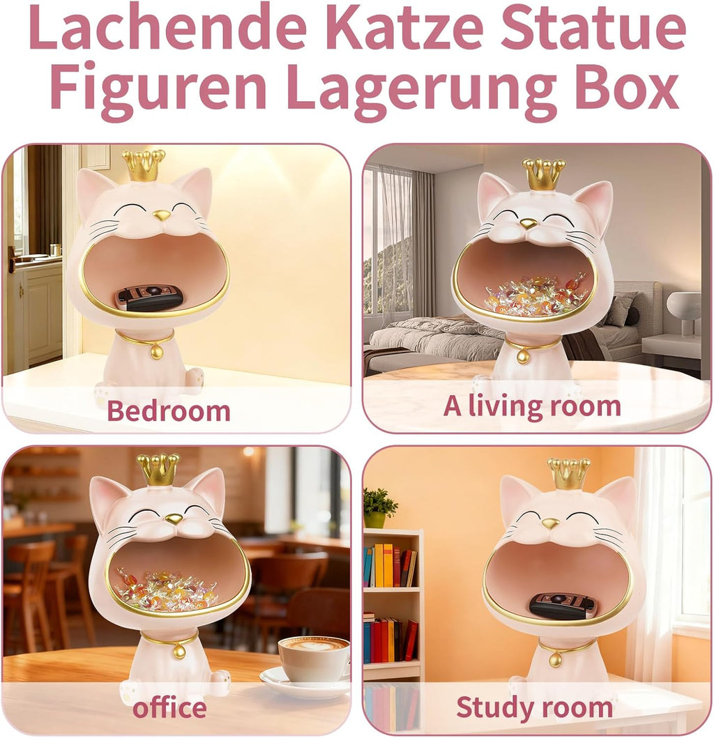 Lachende Katzenstatue Aufbewahrungsbox M-L Weiss Schmuck Schluessel Deko