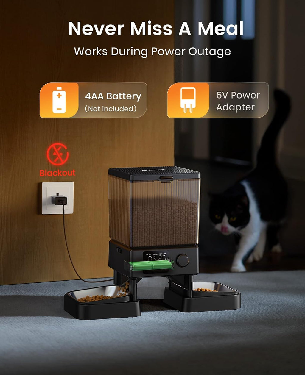 oneisall Katzenfutterautomat mit 2 Edelstahlnaepfen, App & Sprachaufnahme