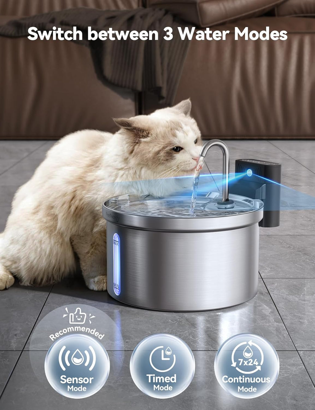FEELNEEDY Katzenbrunnen Akku 4000mAh kabellos Edelstahl mit Sensor und 3 Fi