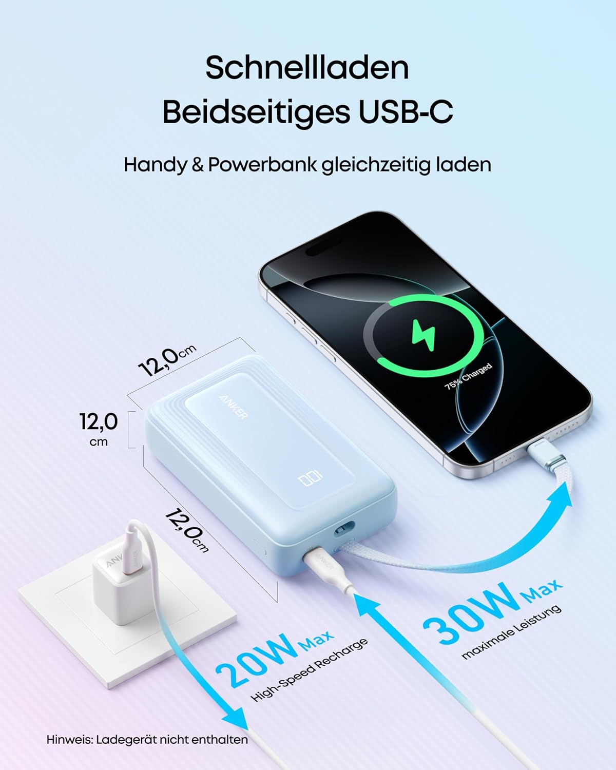 Anker Zolo Powerbank 20000 mAh 30W mit integriertem USB‑C Kabel fuer iPhone 17/16