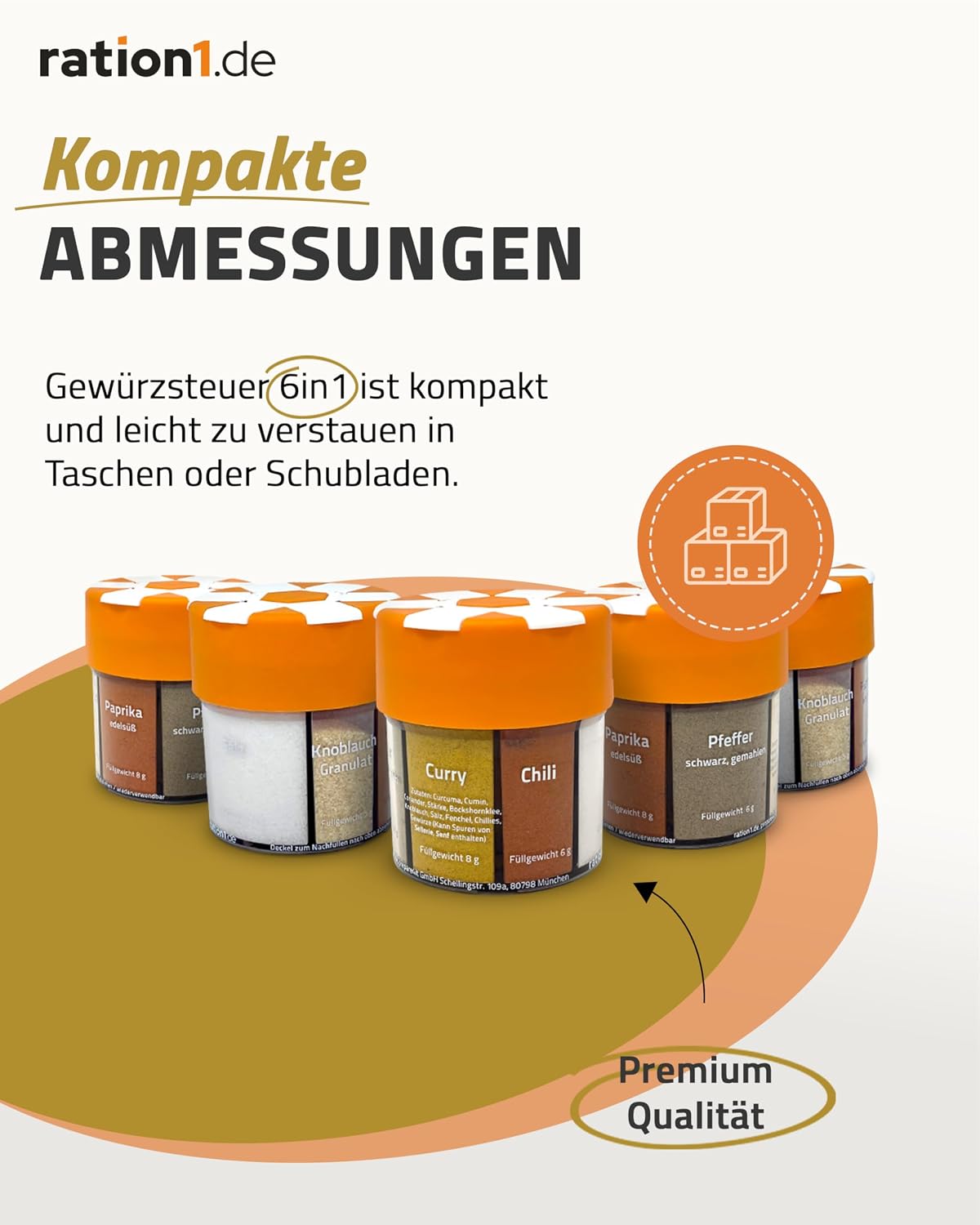 ration1 Gewuerzstreuer 6-in-1 Set XXL fuer Camping Wandern Gewuerz-Organizer