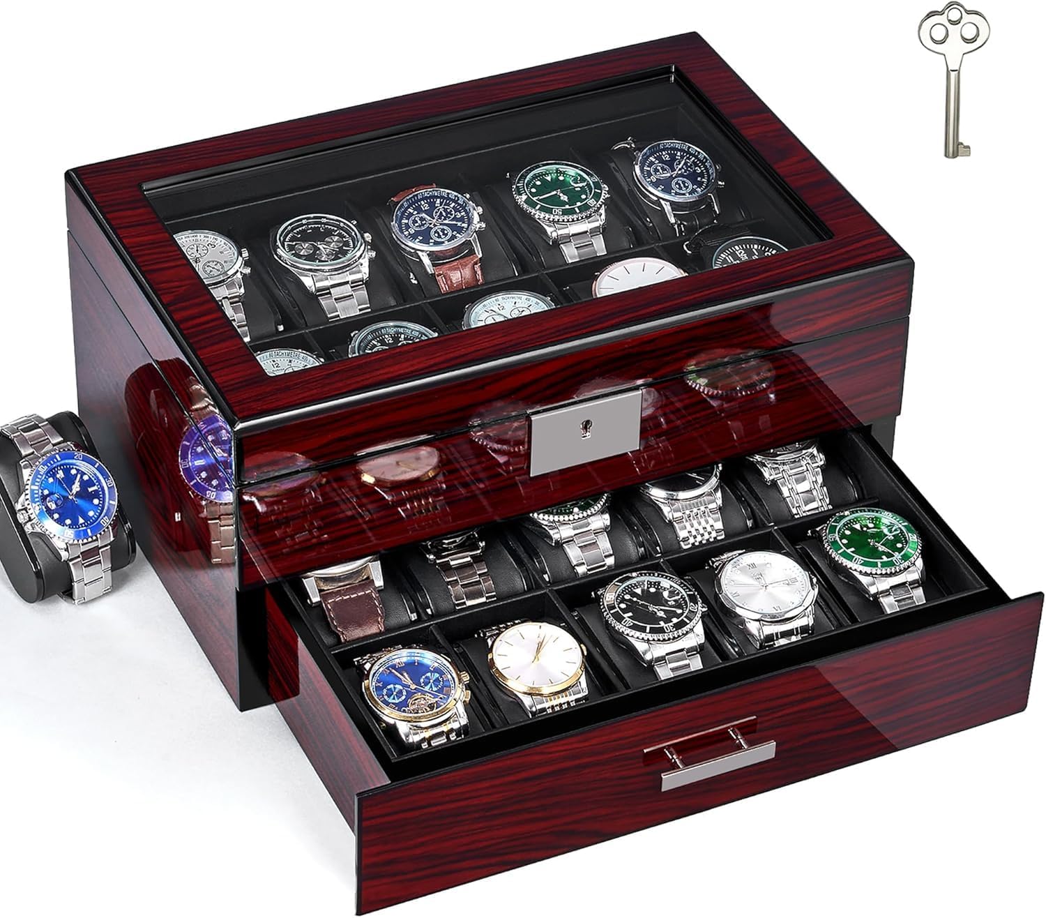 ANWBROAD Uhrenbox 20 Faecher Uhrenaufbewahrung Reiseetui Herren mit Glasdeckel
