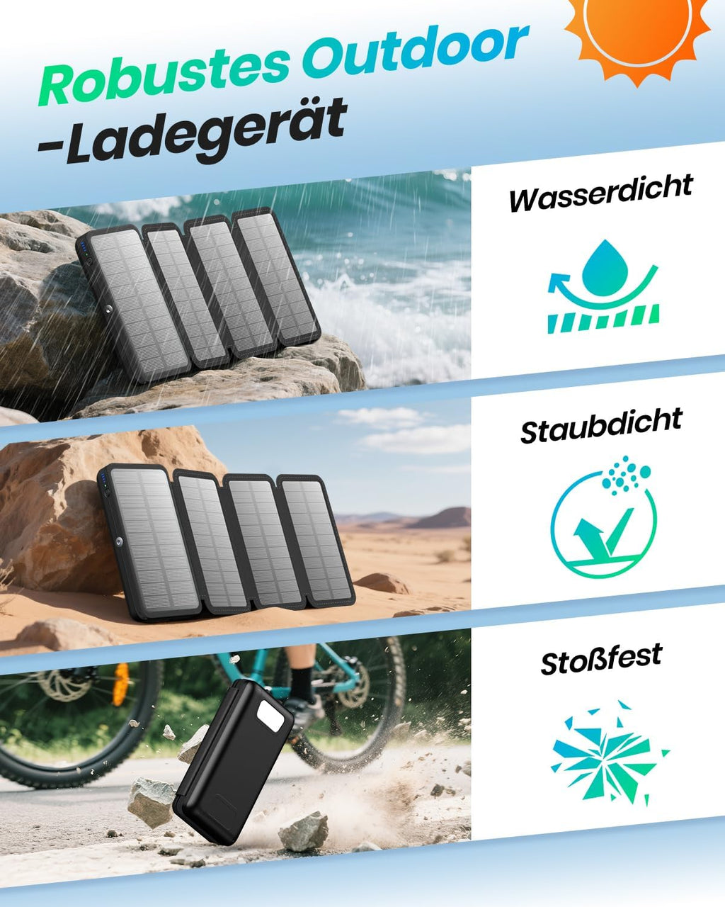 A ADDTOP Solar Powerbank 20000mAh 22,5W USB-C Eing./Ausg. 2xUSB-A Schwarz