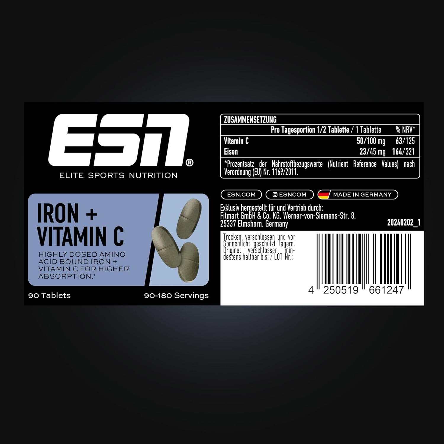 ESN Iron + Vitamin C 90 Tabletten Eisen Nahrungsergaenzung made in Germany