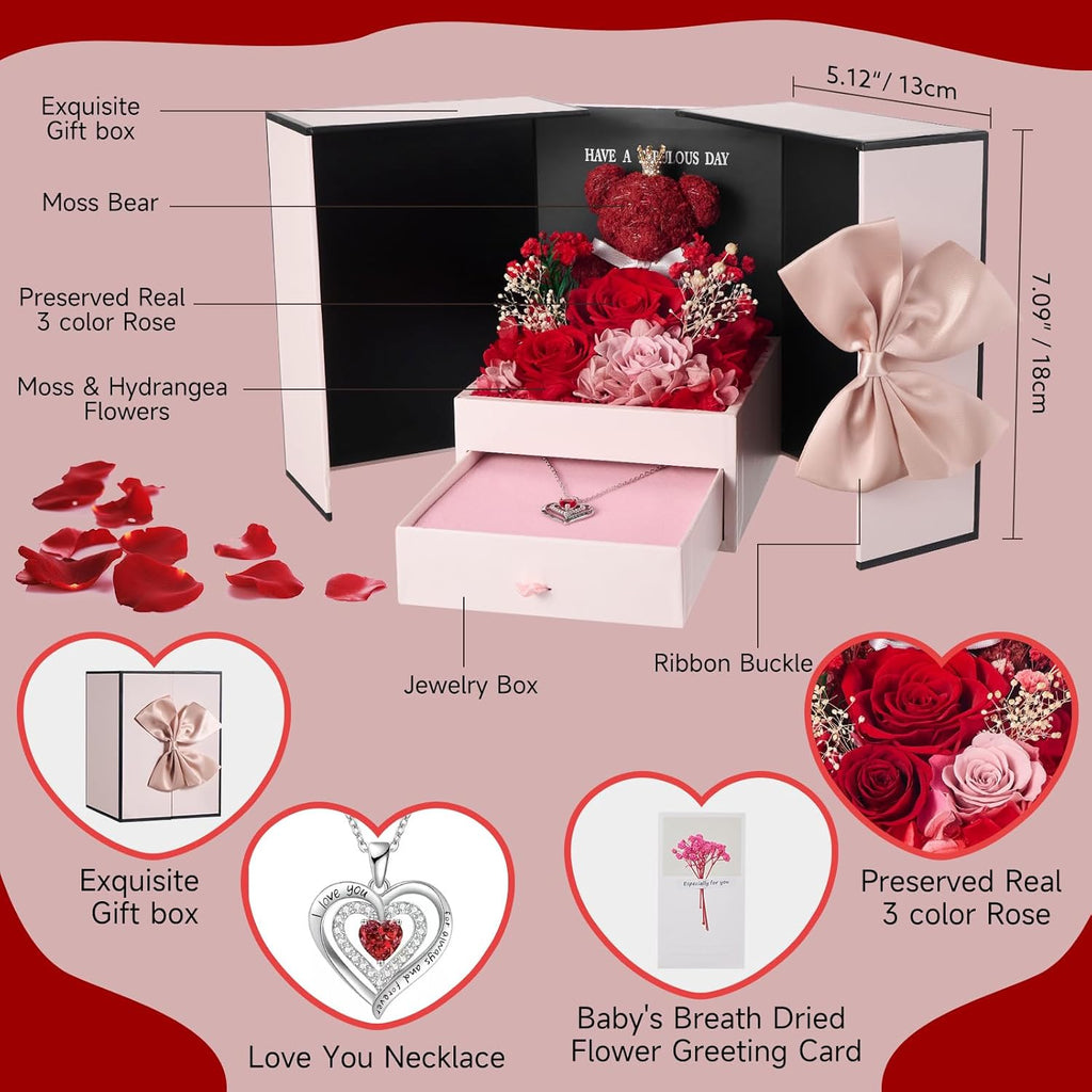 Ewige Rose mit Herz Halskette Damen Geschenk Infinity Rose Moosbett
