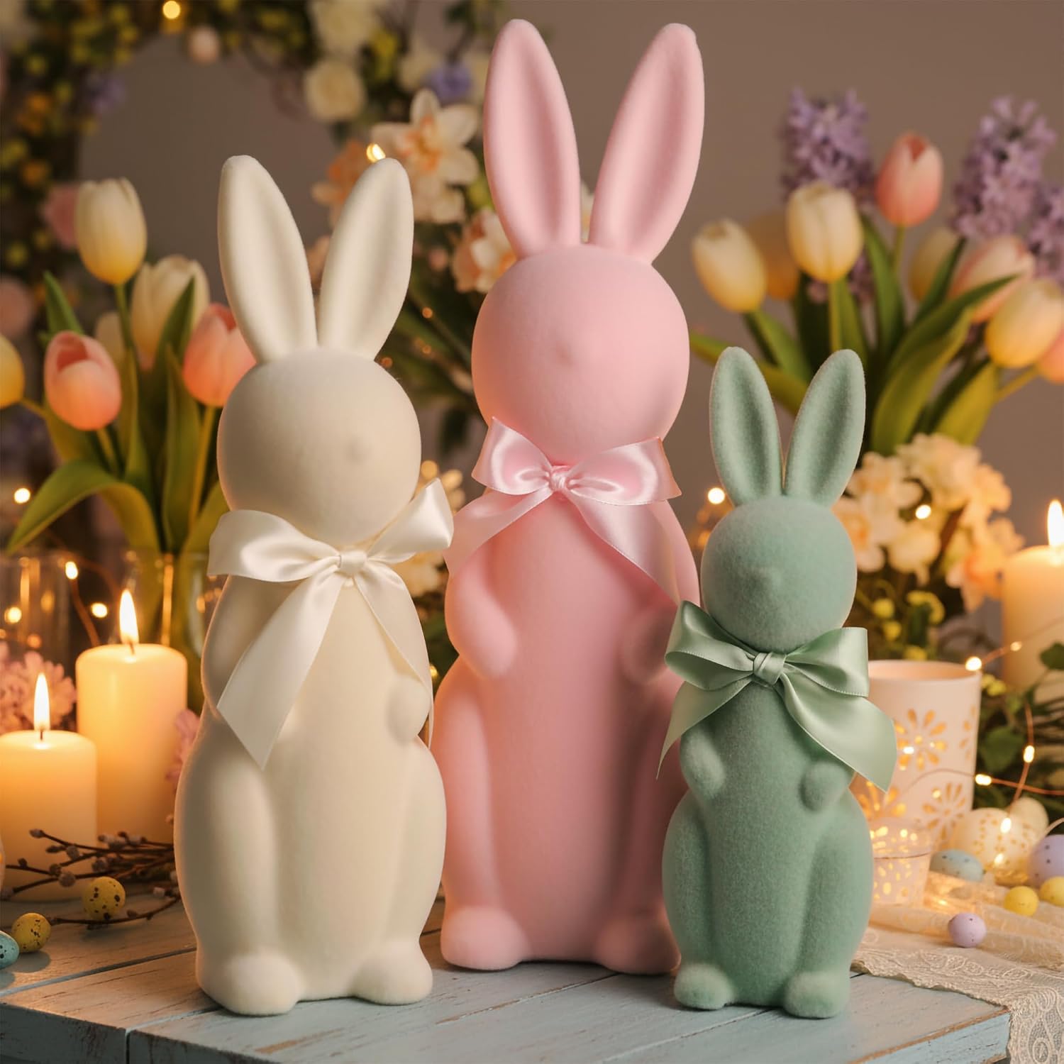 Deko Hasen 3er Set pastell flauschig Tischdeko Osterhase Figuren