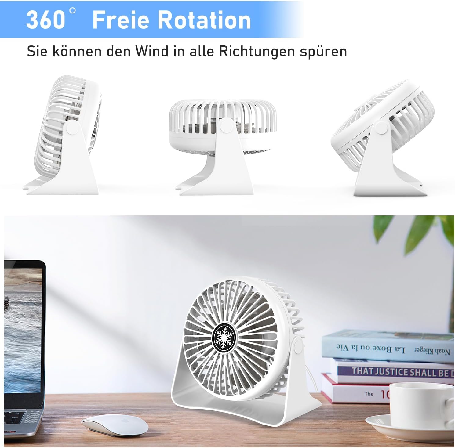 JATEKA Mini USB Tischventilator 3 Stufen 360° schwenkbar leise schwarz