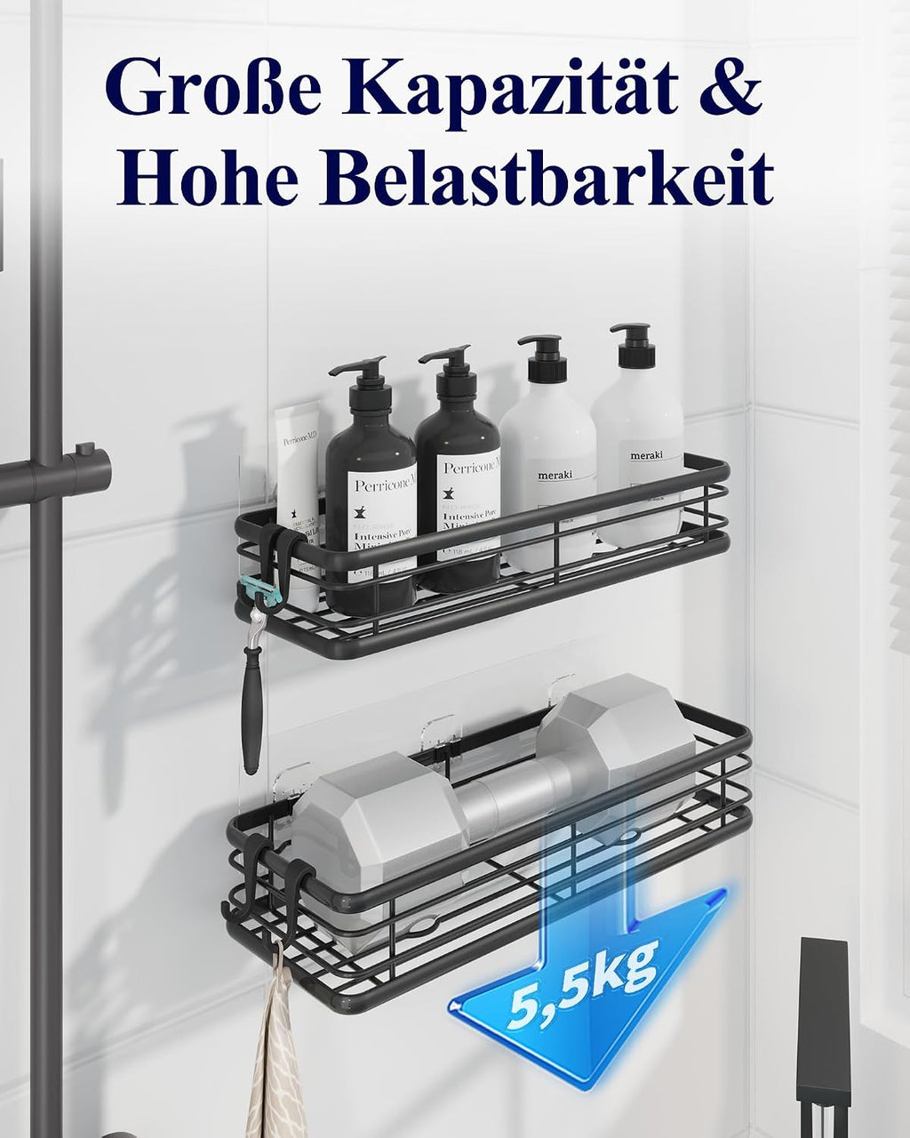 Duschablage selbstklebend 30cm Badregal ohne Bohren schwarz 2er Set