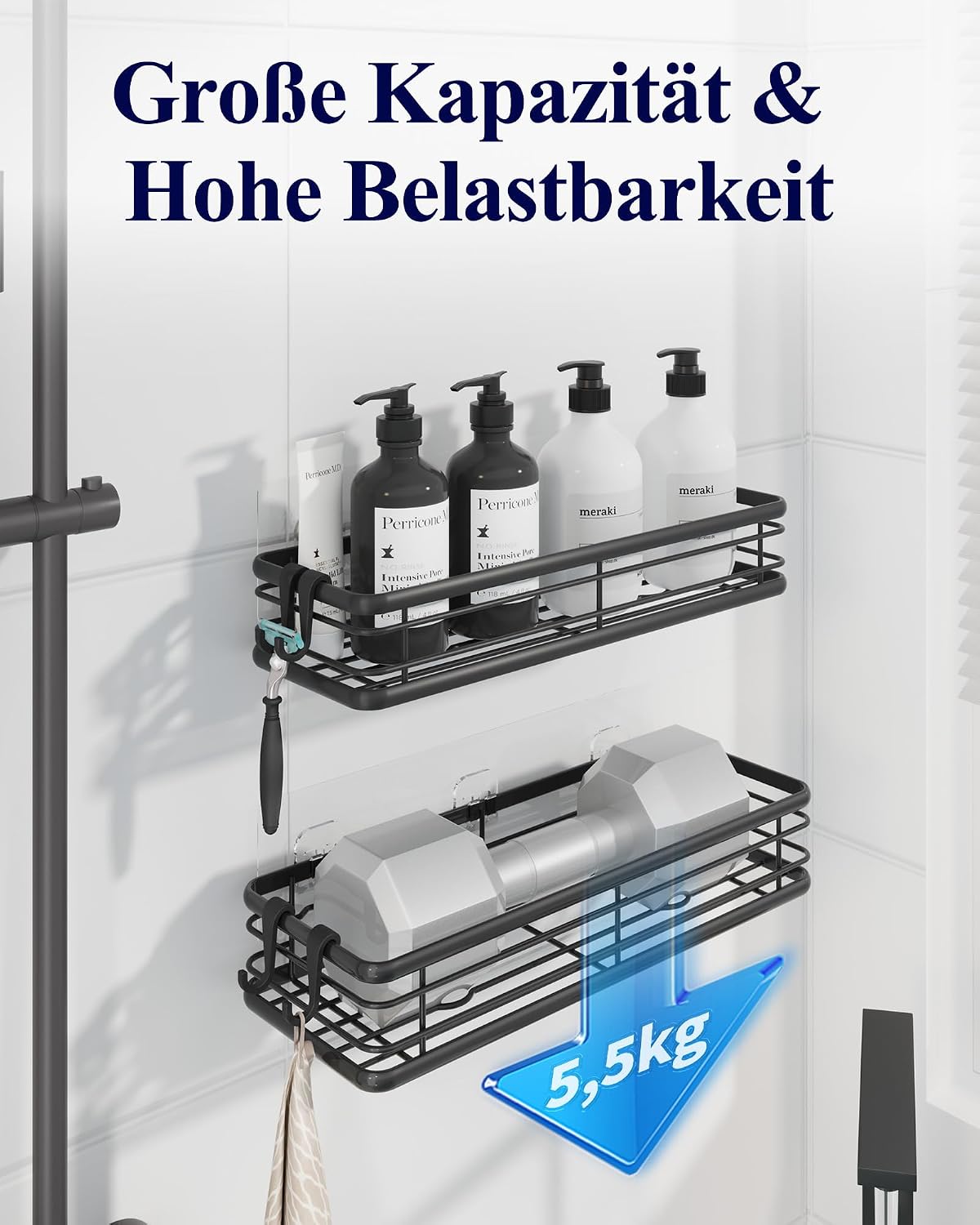 Duschablage selbstklebend 30cm Badregal ohne Bohren schwarz 2er Set