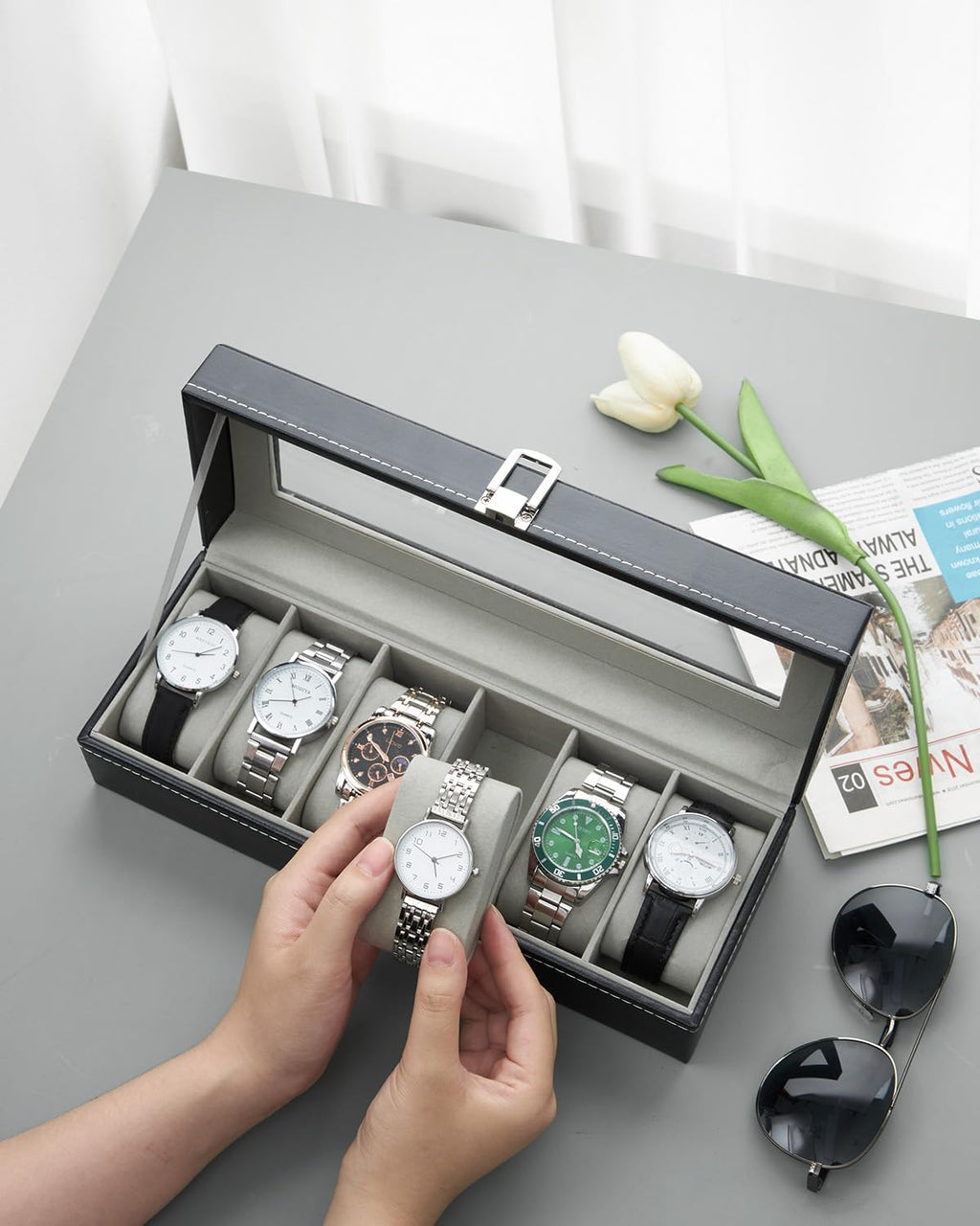 Ohuhu Uhrenbox 6 Faecher mit Glasdeckel Uhrenaufbewahrung