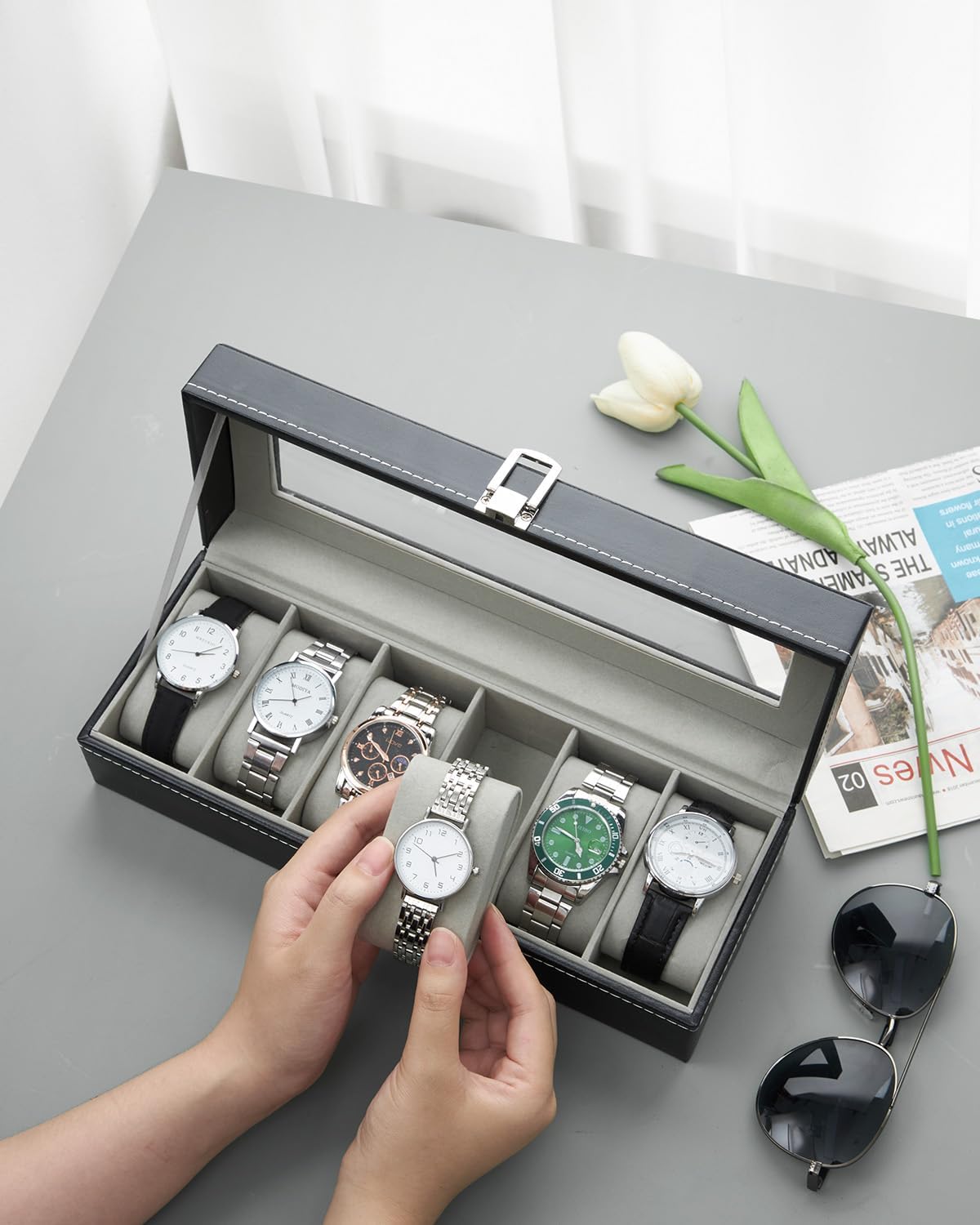 Ohuhu Uhrenbox 6 Faecher mit Glasdeckel Uhrenaufbewahrung