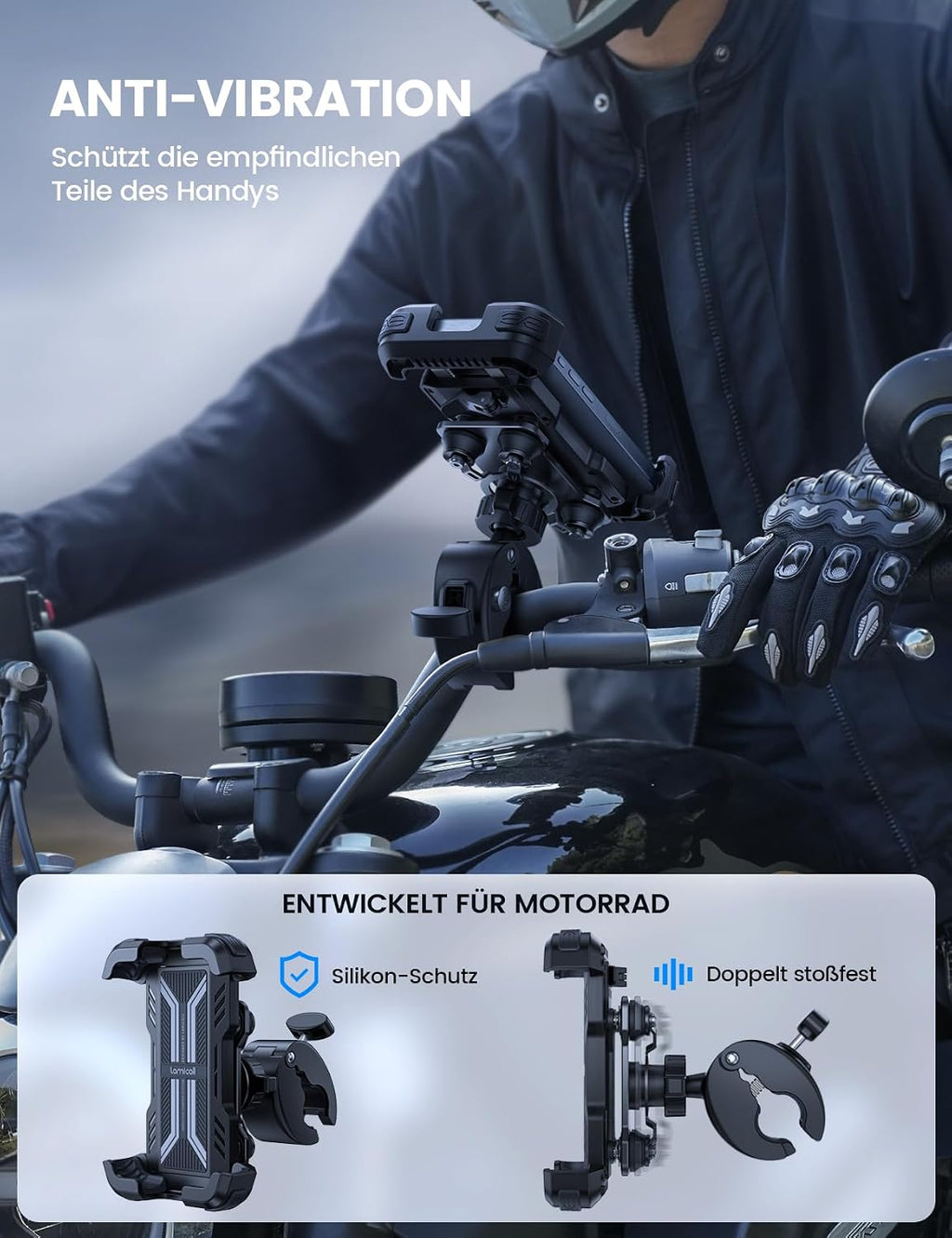 Motorrad Handyhalterung mit Vibrationsdaempfer 360° Lenkerhalter