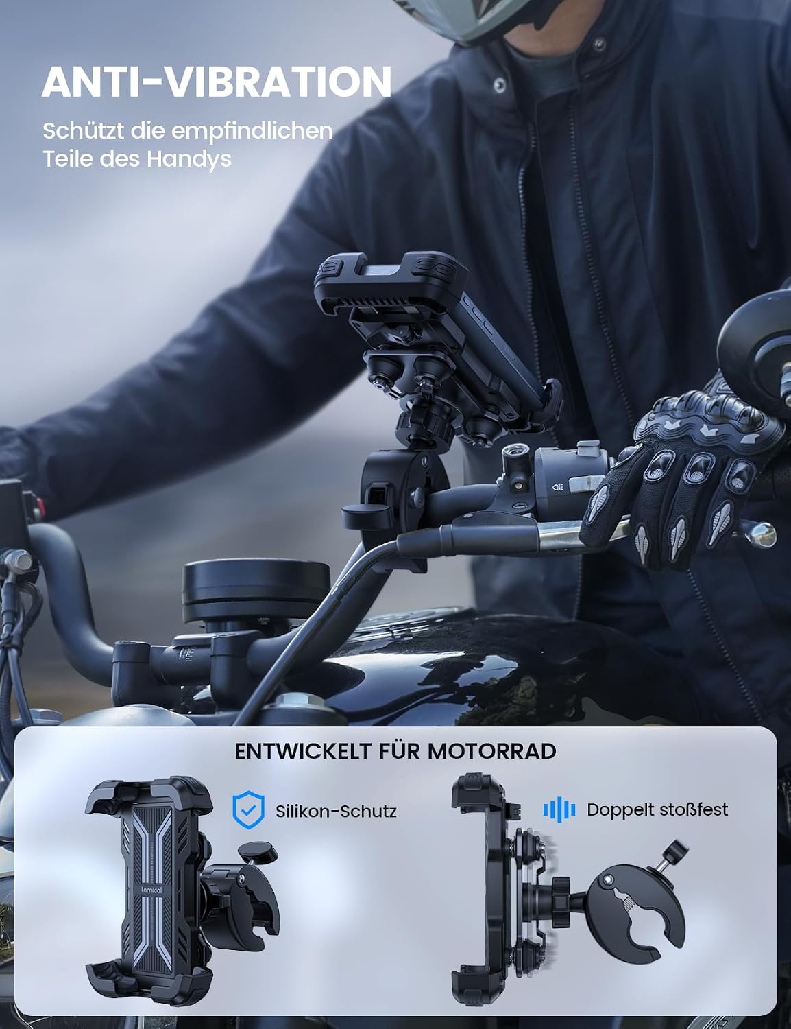 Motorrad Handyhalterung mit Vibrationsdaempfer 360° Lenkerhalter