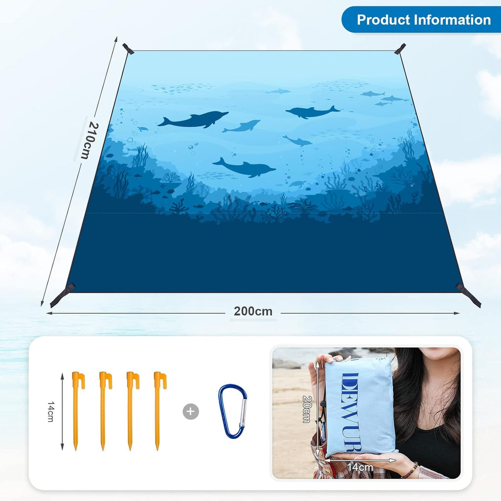 DEWUR Stranddecke sandfrei XXL 210x200 cm wasserdicht Picknickdecke Sea Fish