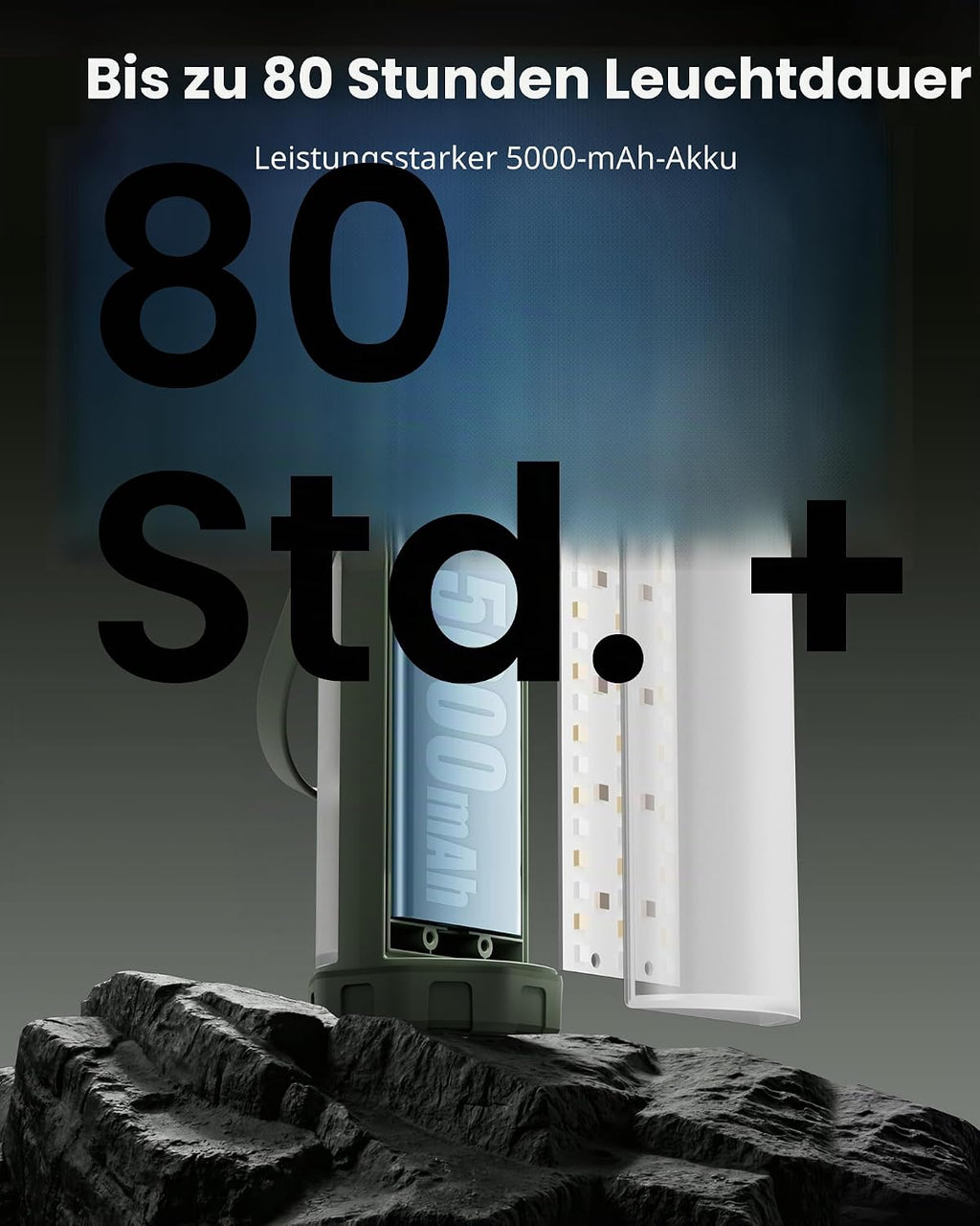 Glocusent Campinglampe 5000mAh mit 5 Helligkeitsstufen, SOS, IP68, 80 Std