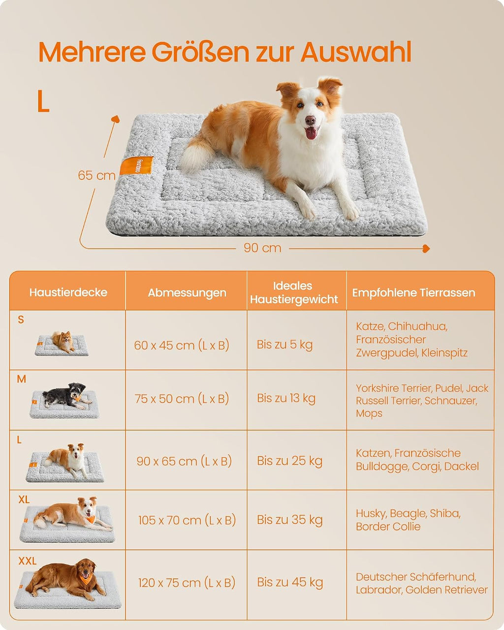 Feandrea Hundedecke 60x45 cm S rutschfest maschinenwaschbar hellgrau 45cm-75cm