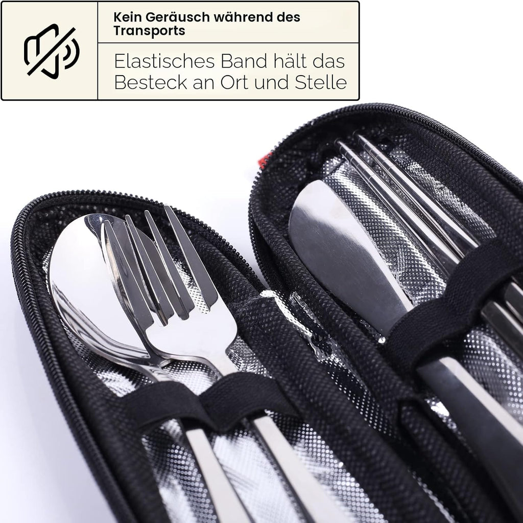 Quatish Campingbesteck 5-teilig aus Edelstahl mit Etui Schwarz