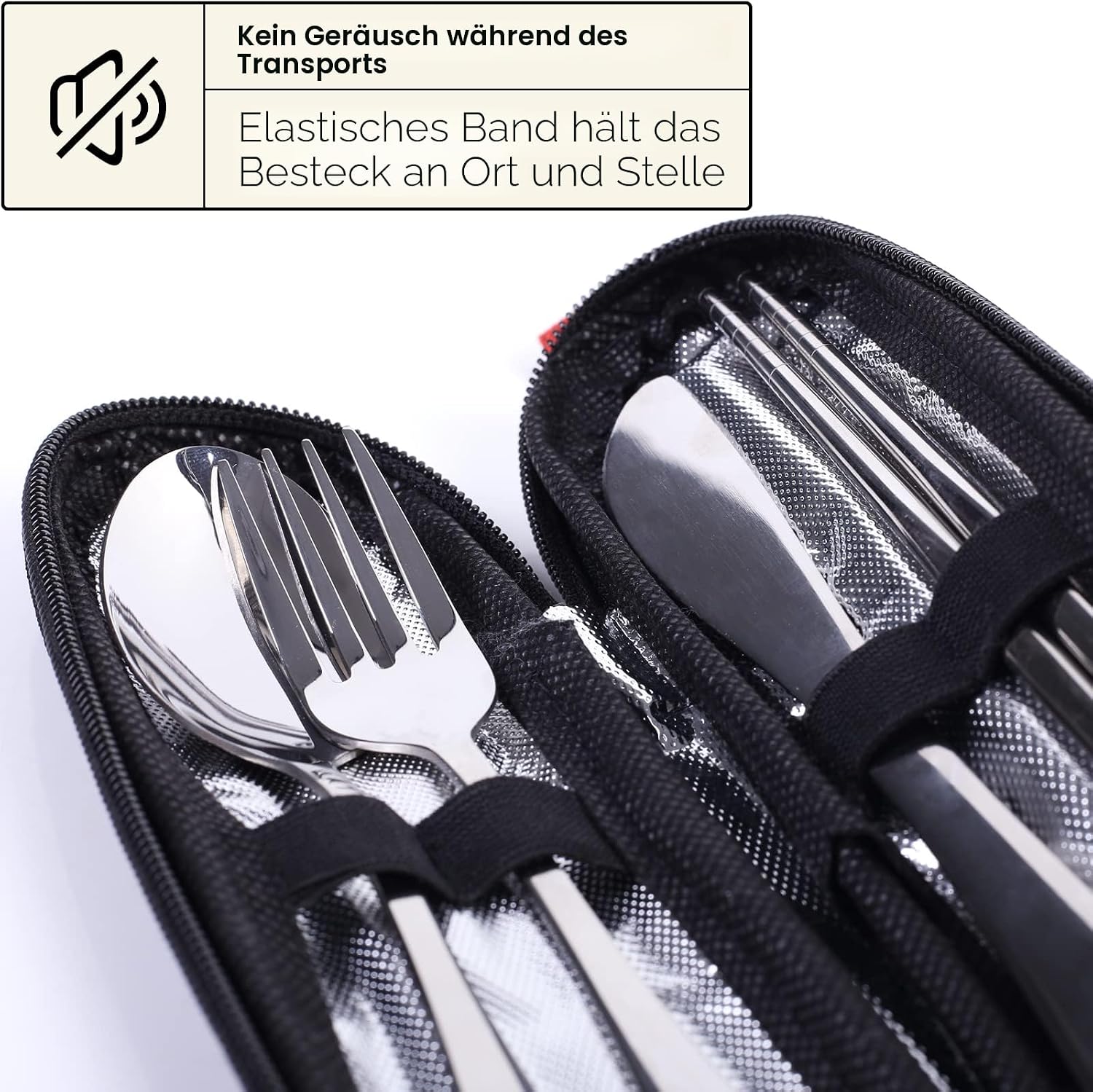 Quatish Campingbesteck 5-teilig aus Edelstahl mit Etui Schwarz