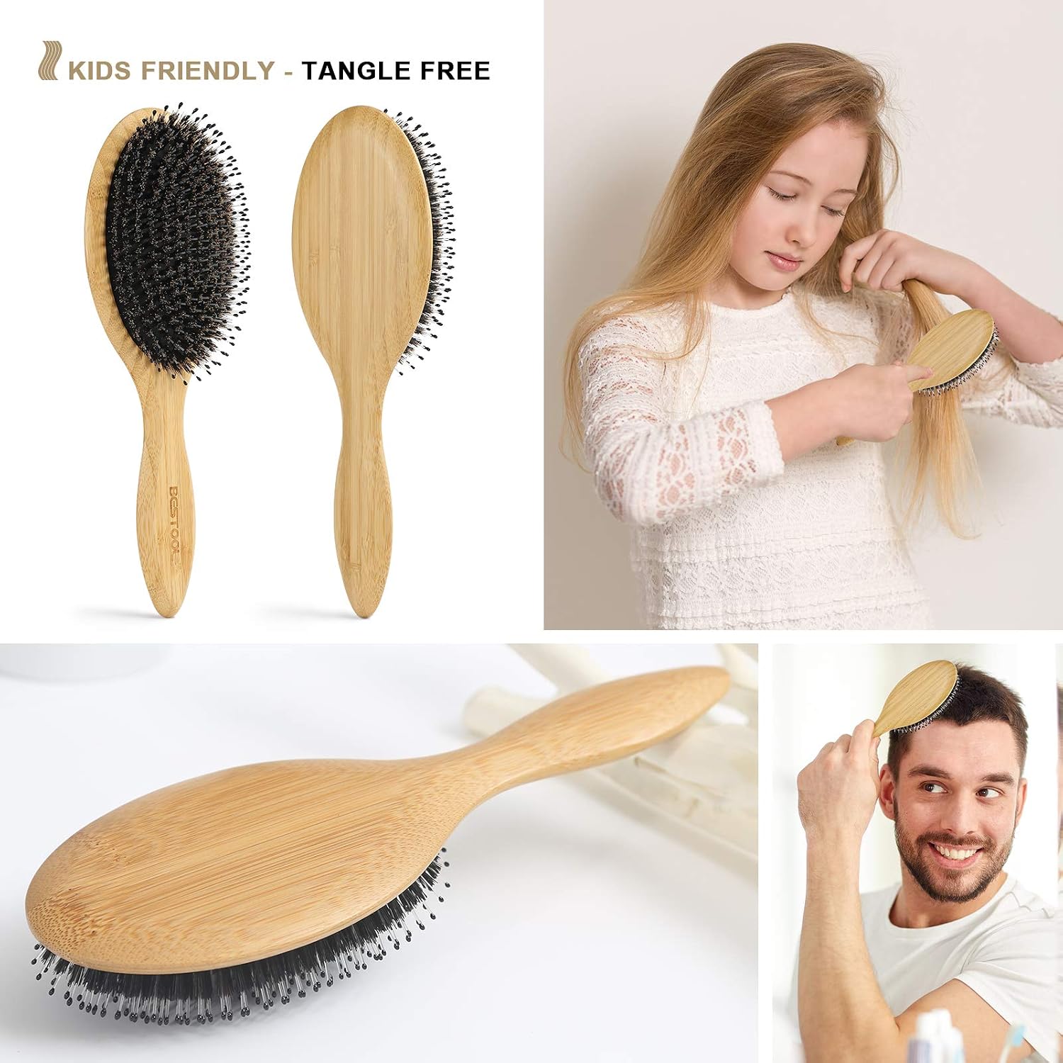 BESTOOL Bambus Paddle Haarbuerste mit Wildschweinborsten und Nylon