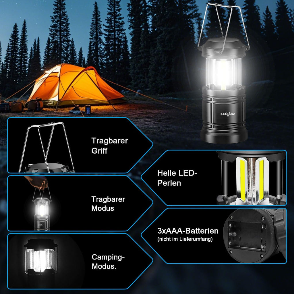 Camping-Laterne batteriebetrieben 2er Set, faltbar, ultrahell, tragbar, Haengelam