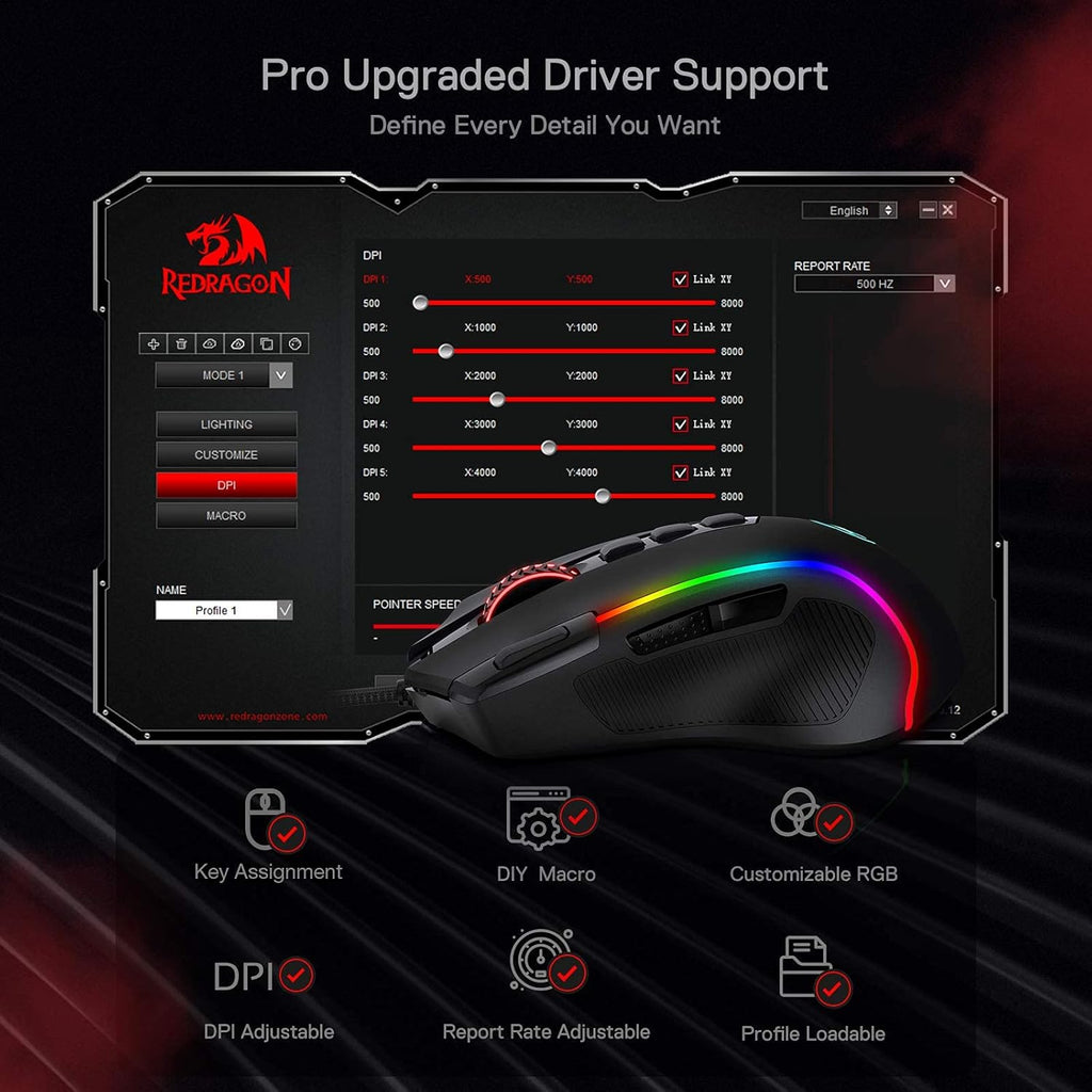 Redragon M612 Predator RGB Gamingmaus 8000 DPI kabelgebunden 11 Tasten