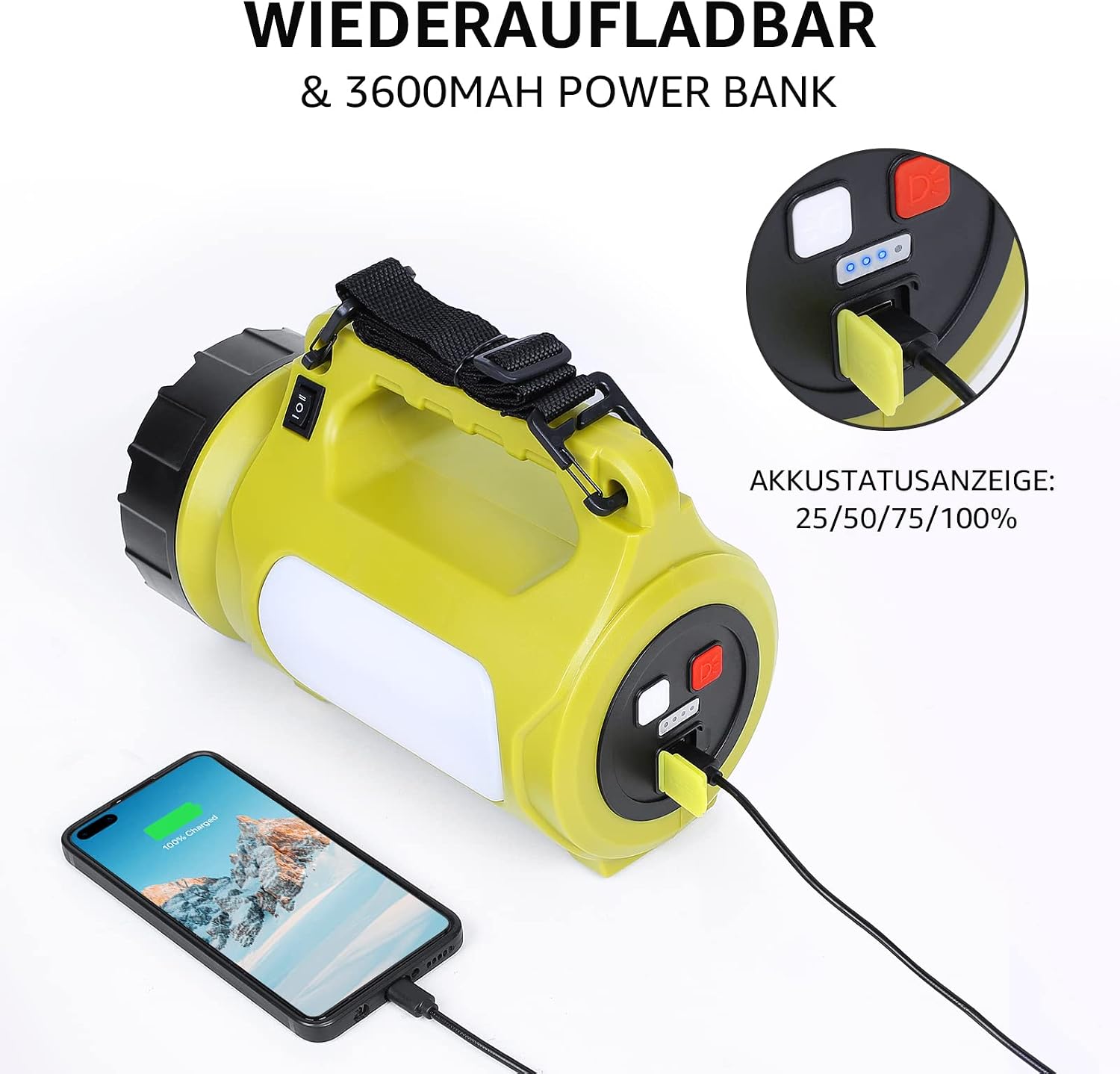 LE LED Handscheinwerfer 1000 Lumen, wiederaufladbar 3600mAh Powerbank, dimmbar