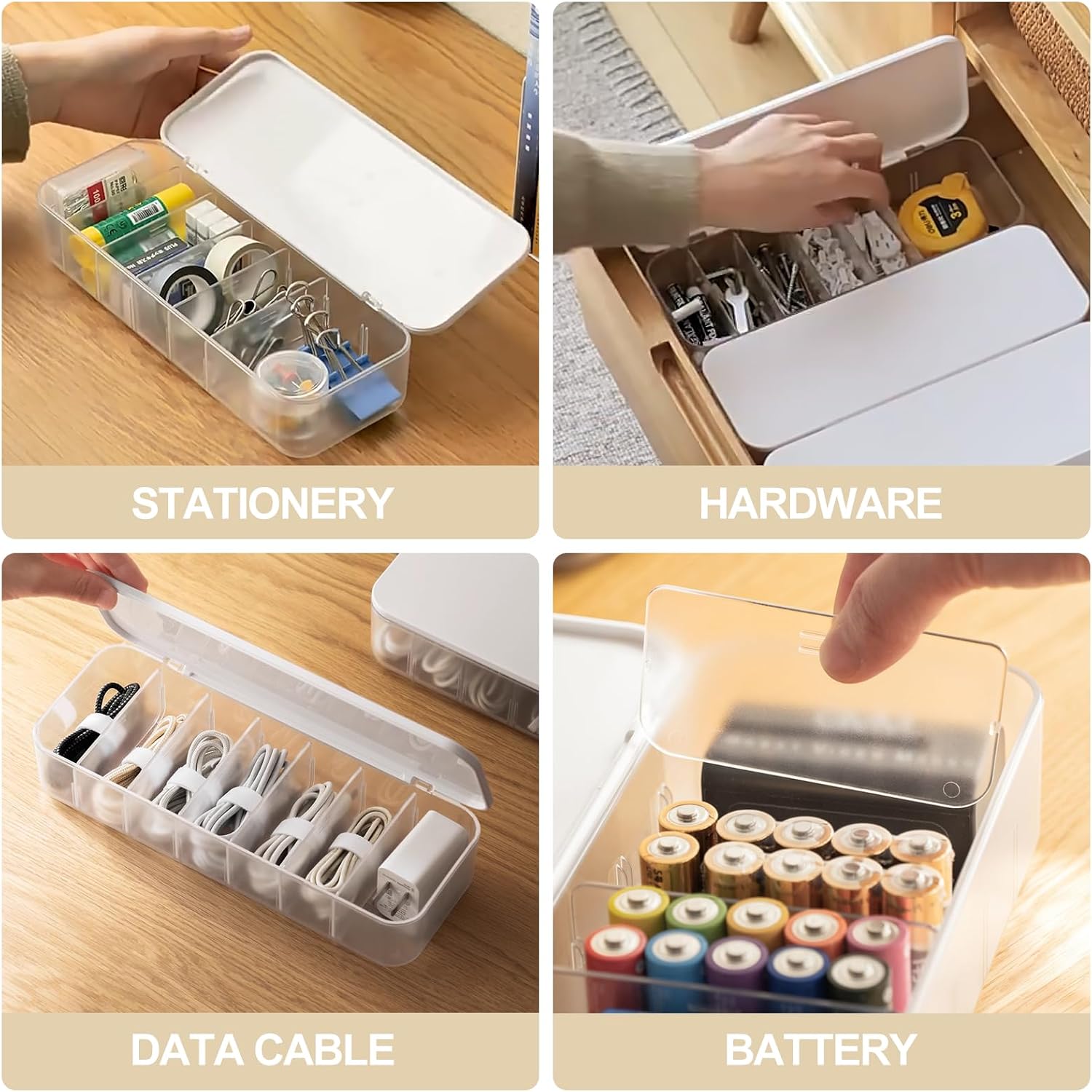 Kabelaufbewahrungsbox transparent 2er Set mit Faechern und Kabelbindern
