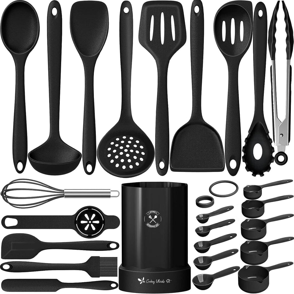 25-teiliges Silikon Kuechenhelfer Set schwarz hitzebestaendig mit Halter