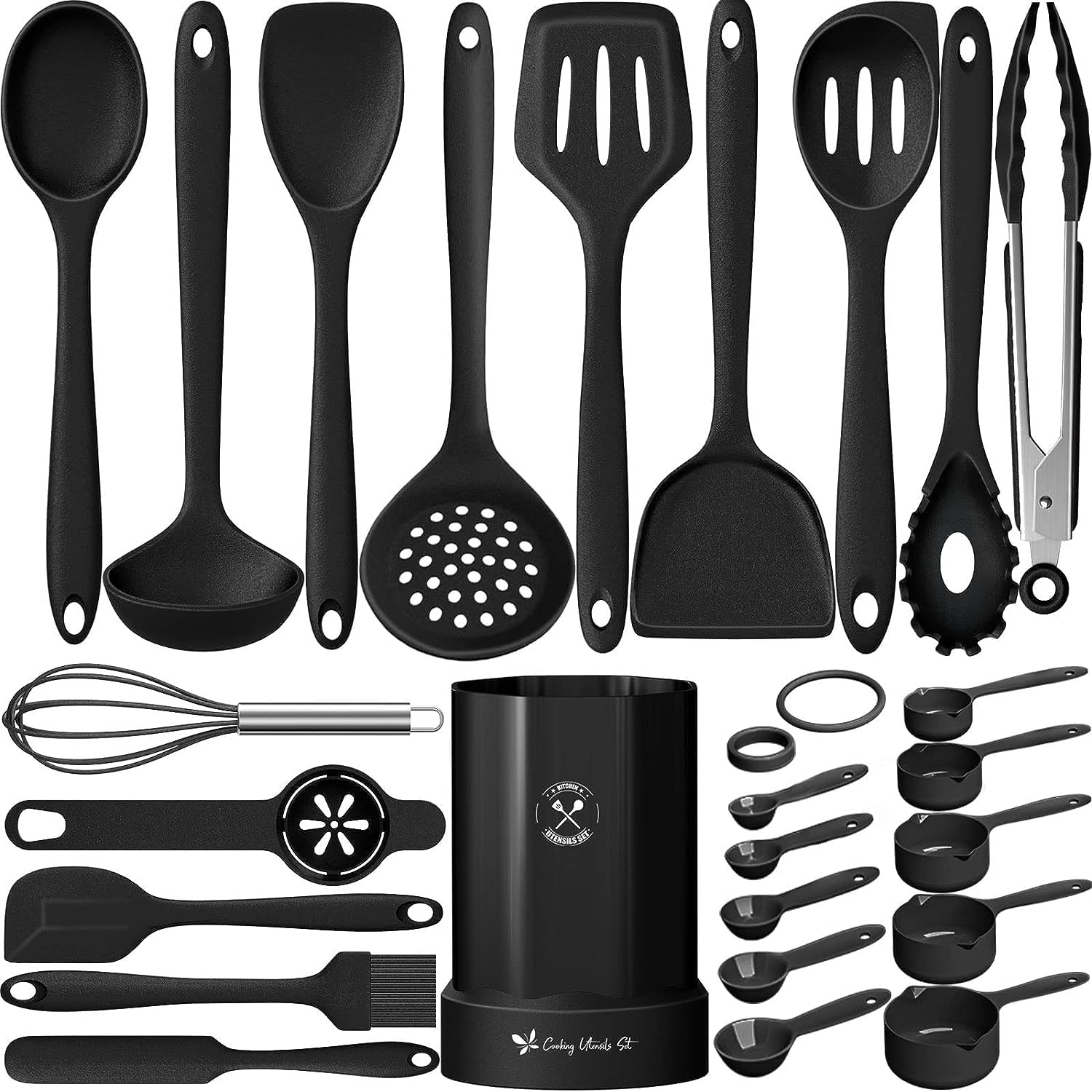 25-teiliges Silikon Kuechenhelfer Set schwarz hitzebestaendig mit Halter