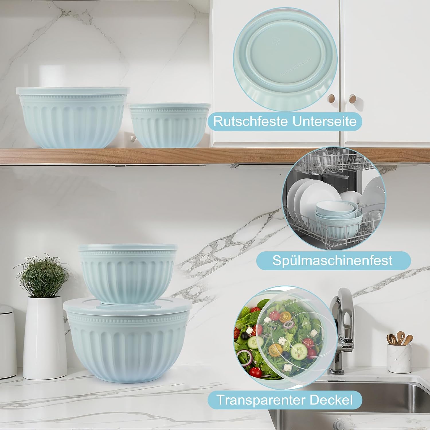 Ruehrschuessel Set 4-teilig 2L 3L 4L 6L Salatschuesseln Blau