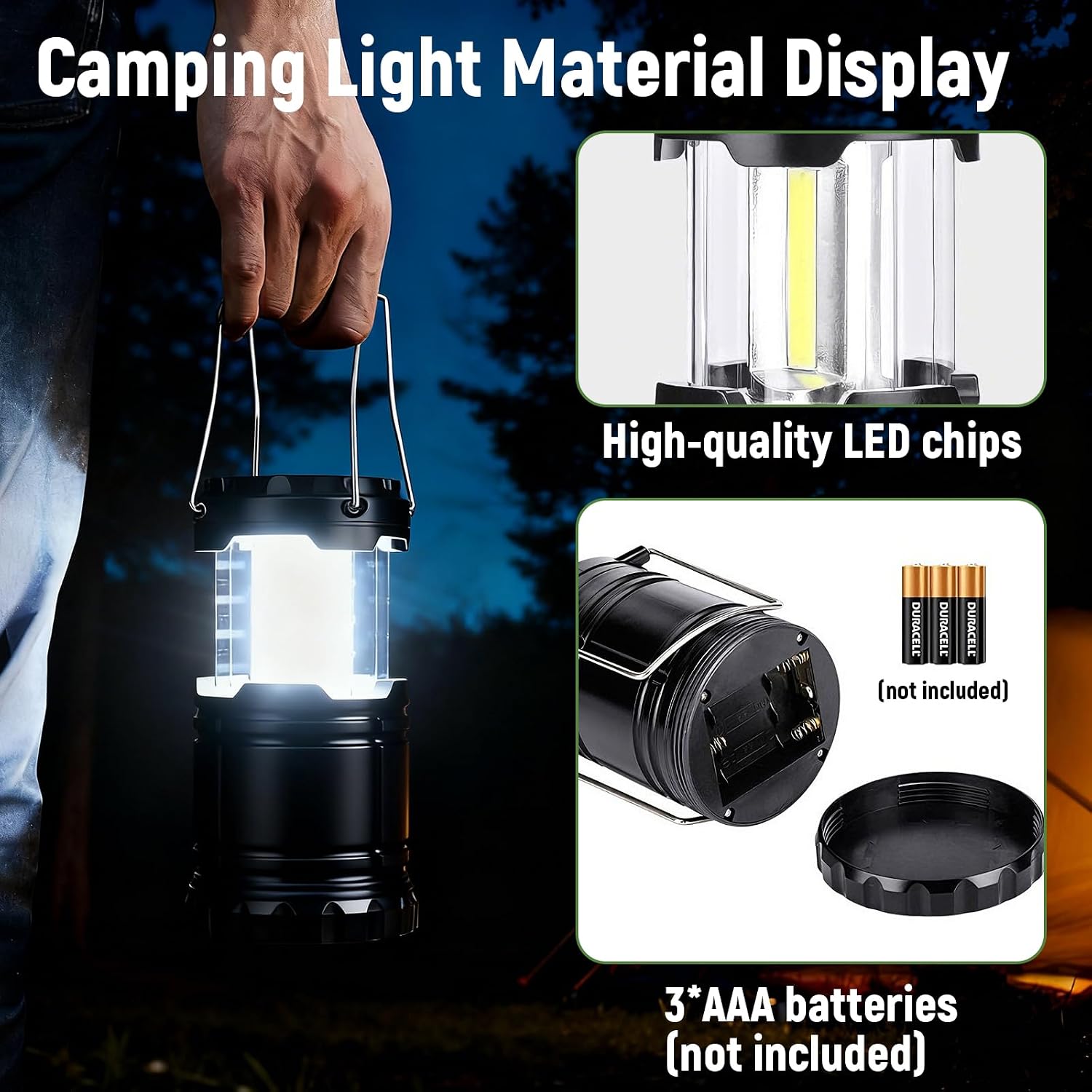 2er Set faltbare LED Campinglampe wasserdicht mit Haken, batteriebetrieben AAA