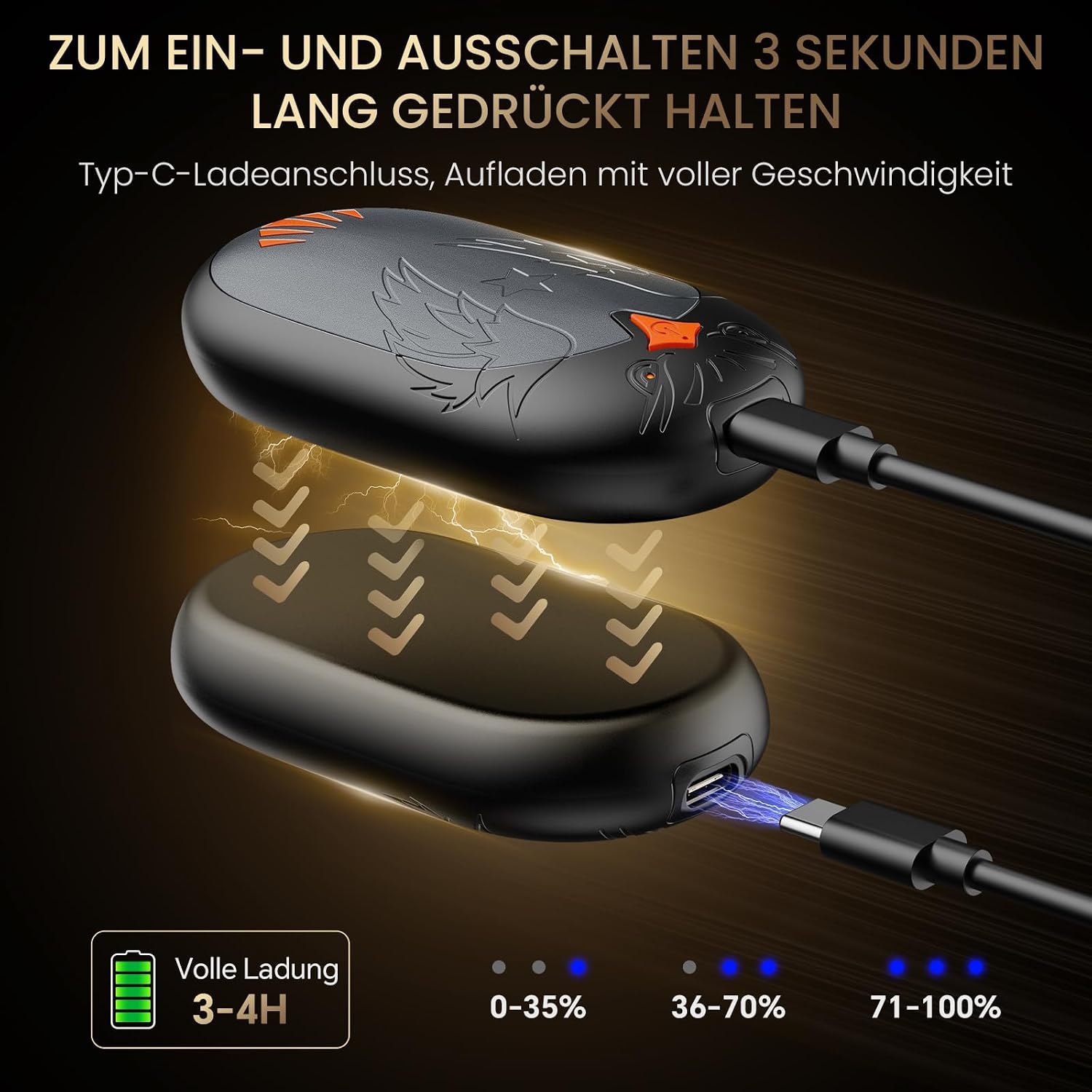 Elektrischer Handwaermer 2er Set wiederaufladbar USB 3 Heizstufen Outdoor