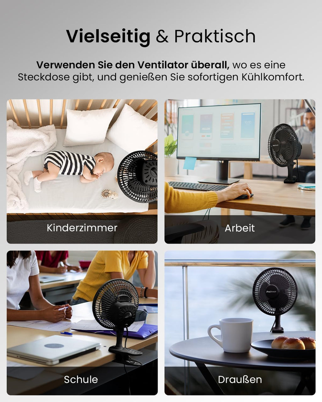 Pro Breeze Tischventilator 20 cm mit Clip, 2 Geschwindigkeiten, leise