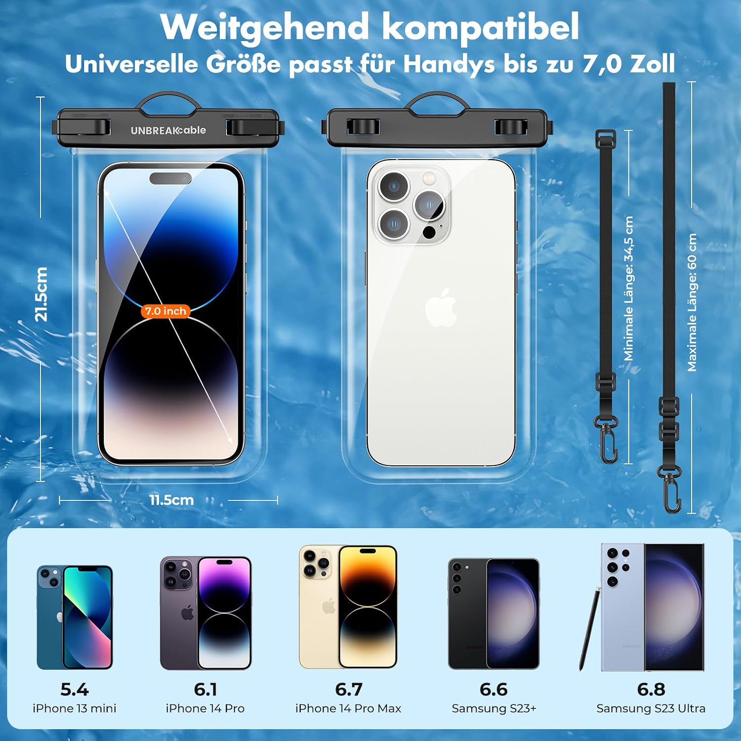 UNBREAKcable wasserdichte Handytasche 2er Set 7,0" IPX8 Universal Kristallklar