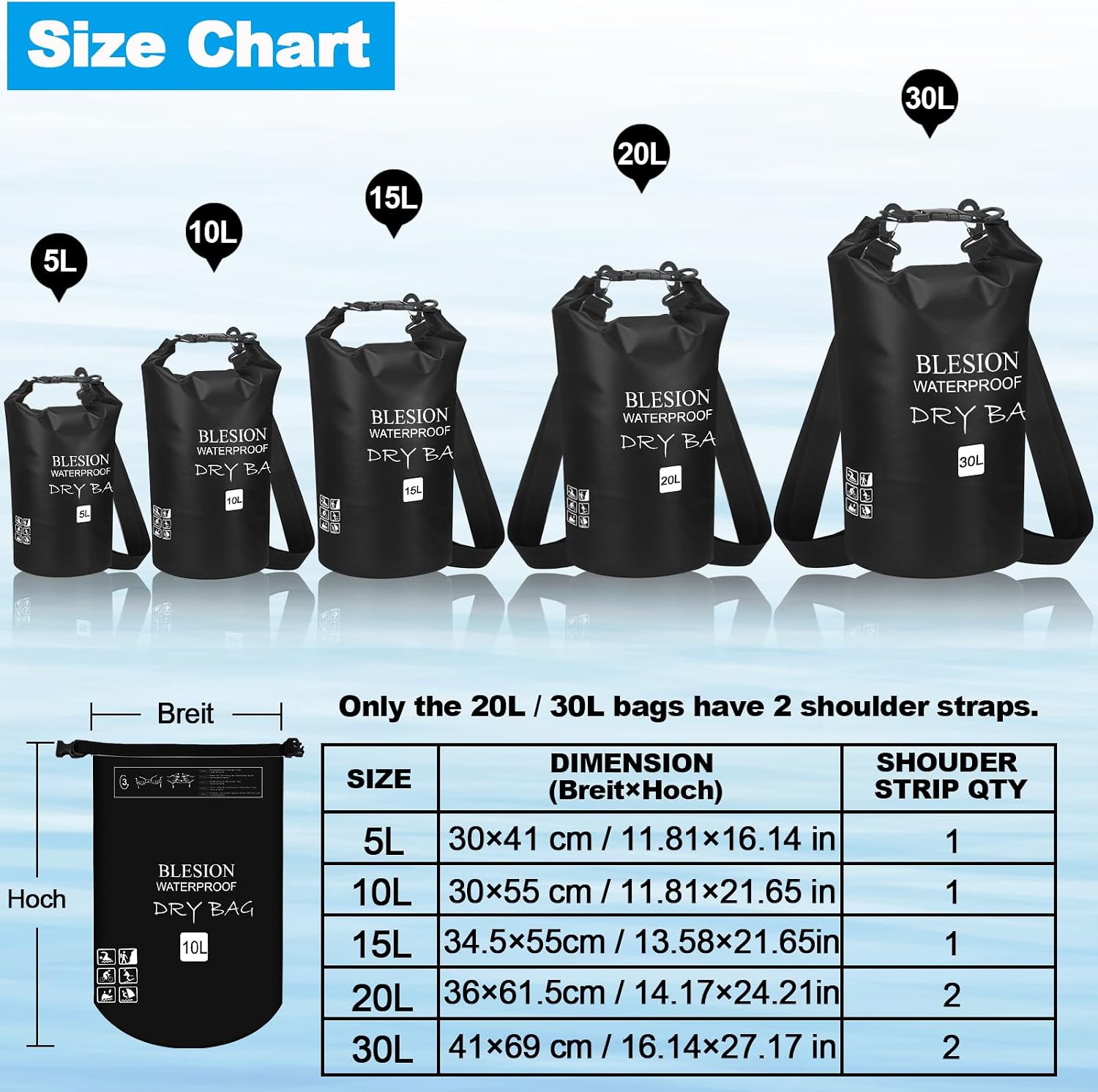 BLESION Dry Bag wasserdichte Tasche mit Schultergurt fuer Kajak Angeln Wan