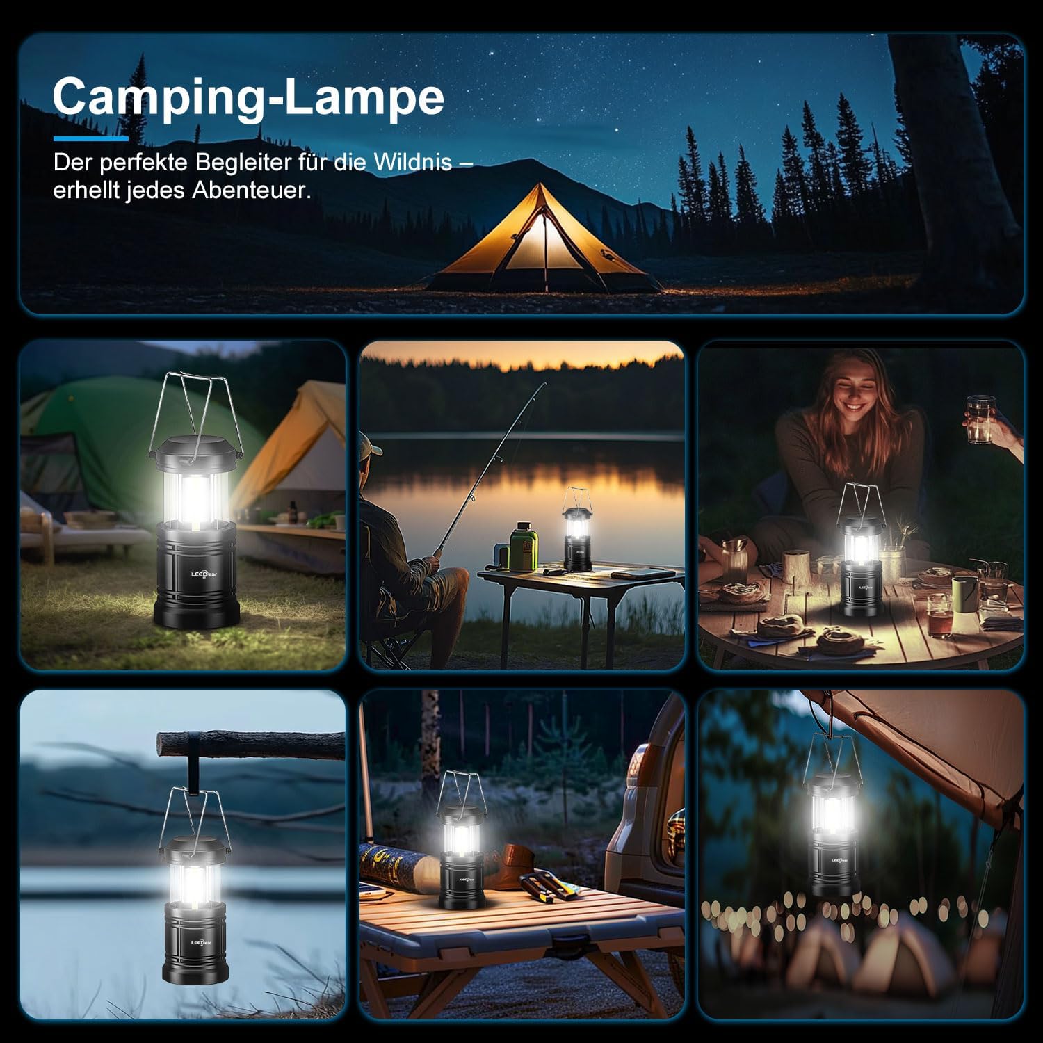 Camping-Laterne batteriebetrieben 2er Set, faltbar, ultrahell, tragbar, Haengelam