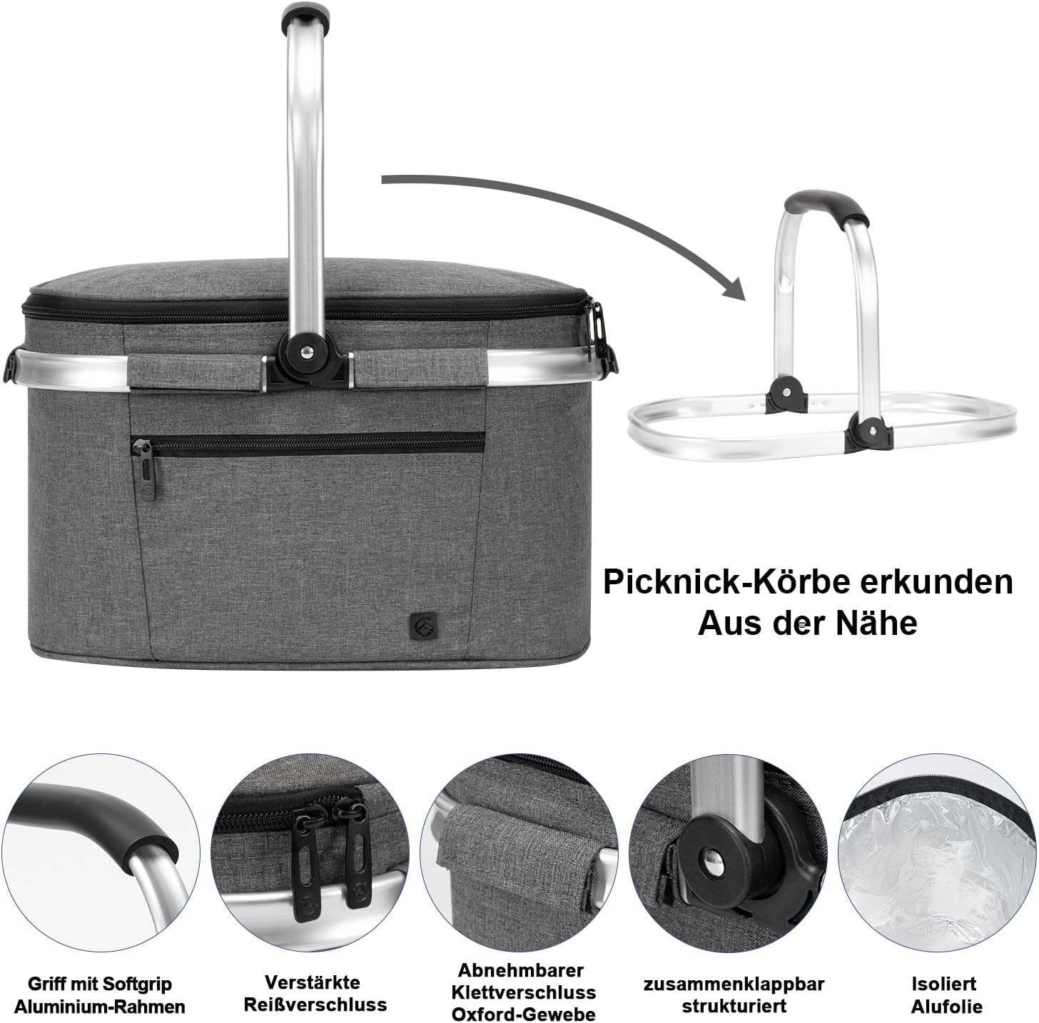 ALLCAMP Kuehlkorb faltbar mit Deckel und Aluminiumrahmen L-XL Thermotasche