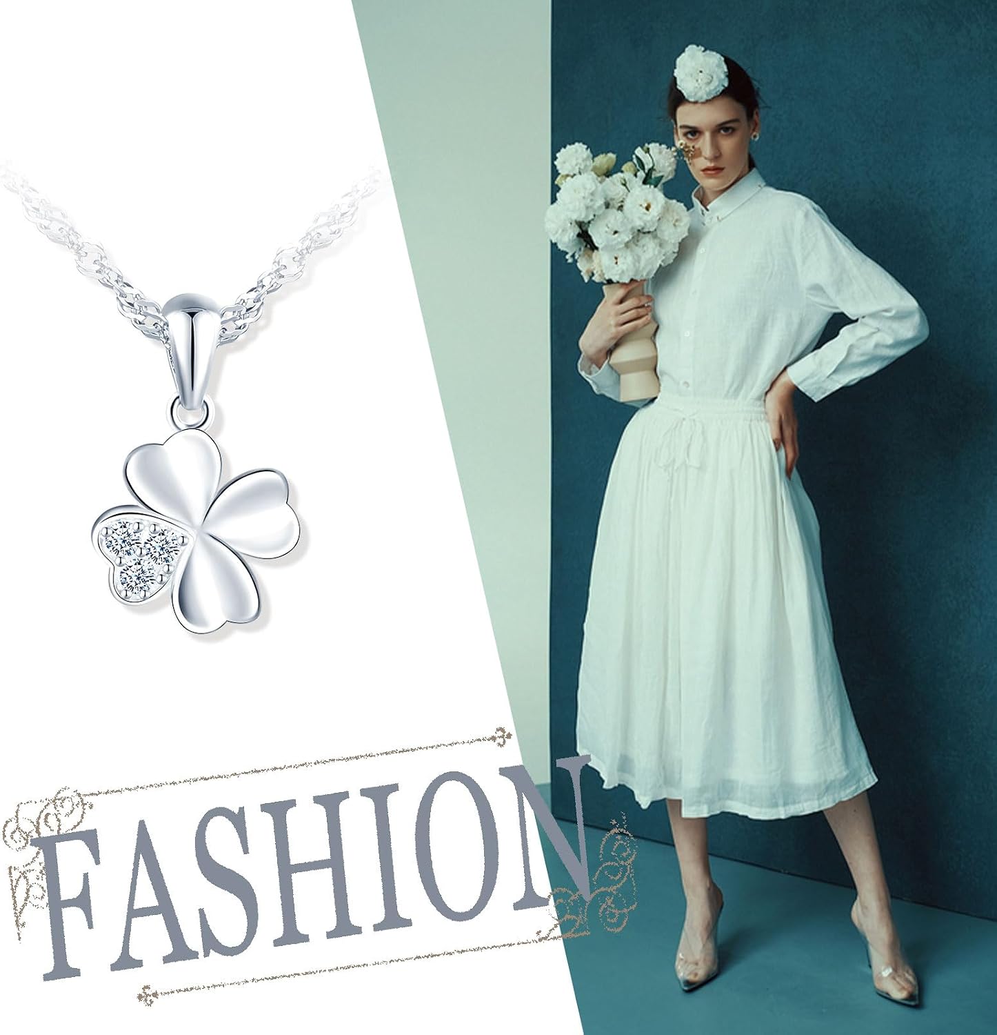 925 Sterling Silber Damen Kette Kleeblatt Anhaenger Zirkonia Gluecksbringer