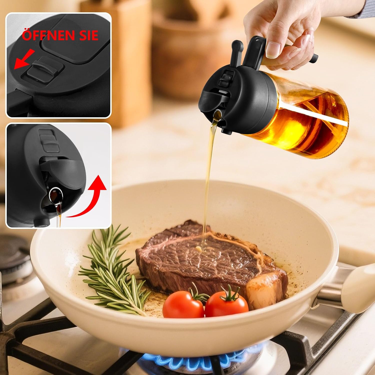 2in1 Oelsprueher Glas 470 ml schwarz fuer Kochen Grill Heissluftfritteuse