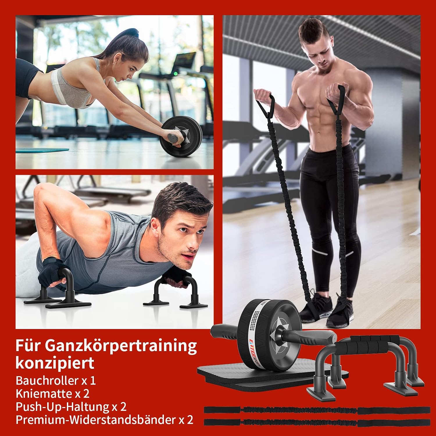 EnterSports Bauchmuskelroller mit zwei Kniematten, Bauchtrainer fuer Zuhause