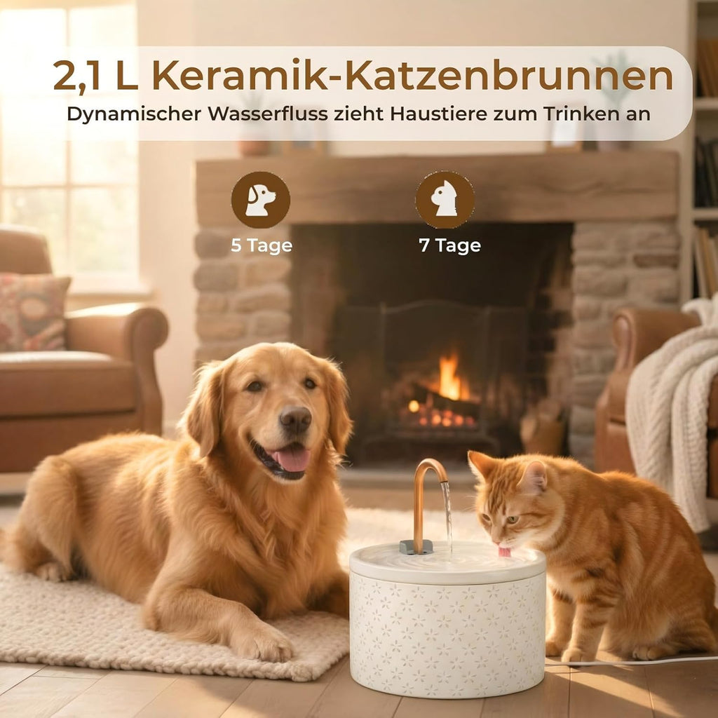MISFANS Katzenbrunnen Keramik leiser Trinkbrunnen mit Filtersystem weiss