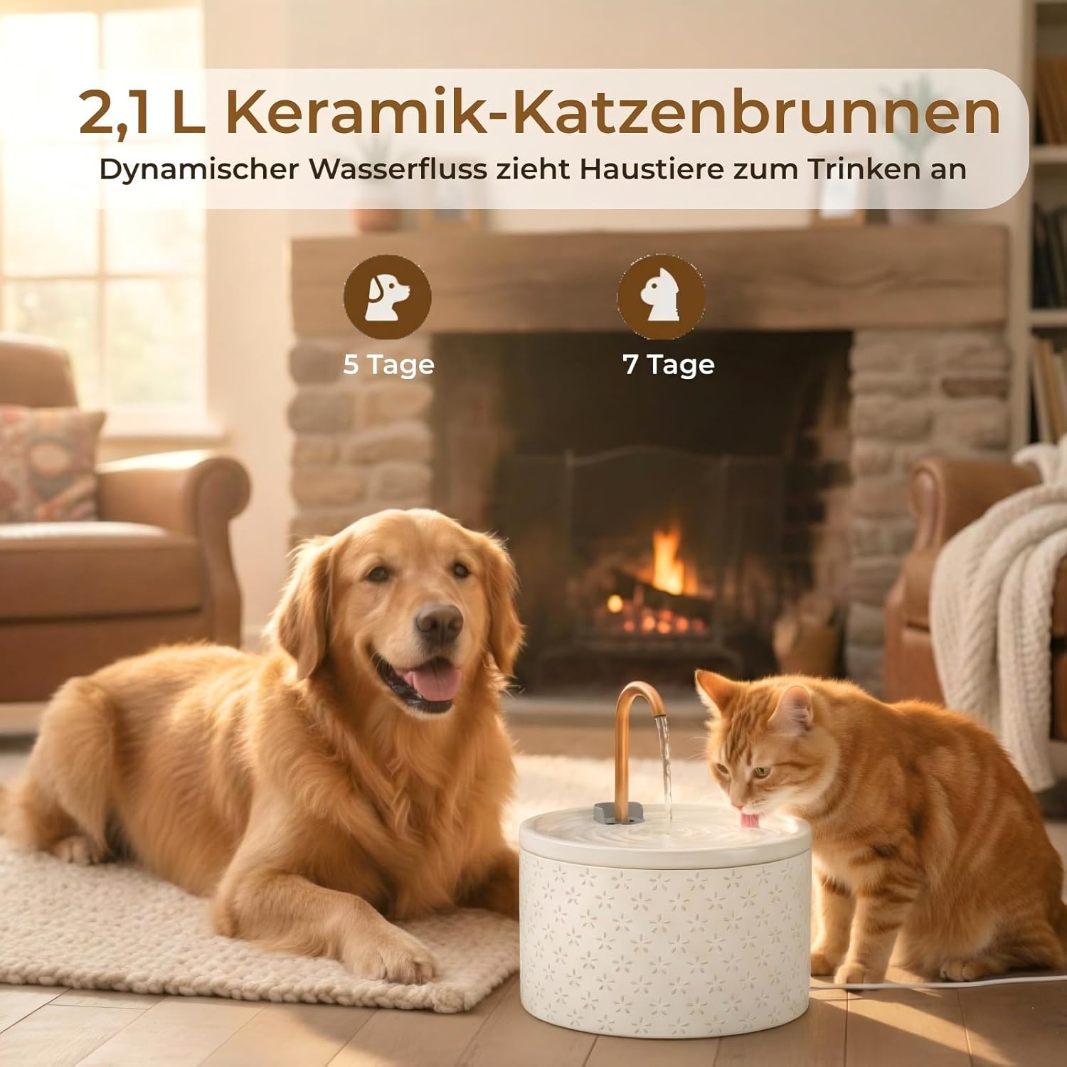 MISFANS Katzenbrunnen Keramik leiser Trinkbrunnen mit Filtersystem weiss