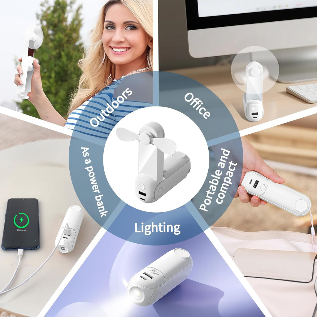 CNMTCCO Handventilator 5-in-1 Akku USB mit Powerbank Taschenlampe Spiegel Rosa
