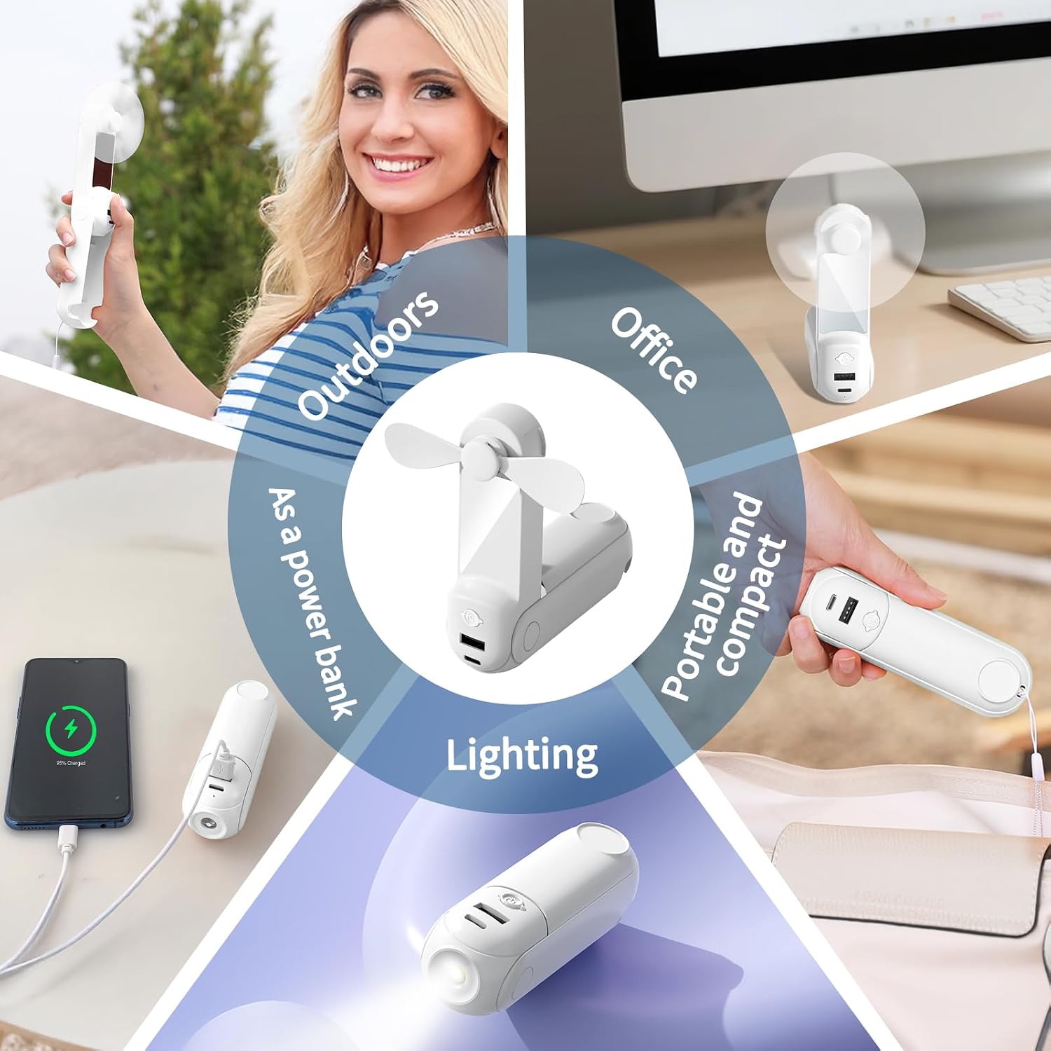 CNMTCCO Handventilator 5-in-1 Akku USB mit Powerbank Taschenlampe Spiegel Rosa