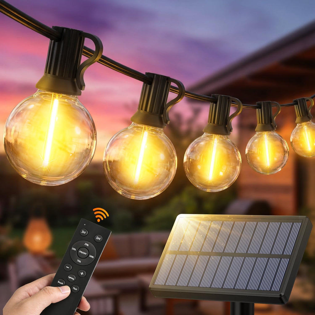 Solar Lichterkette 15m G40 Gluehbirnen 50 LED IP44 wetterfest 3 Modi 15m-30m